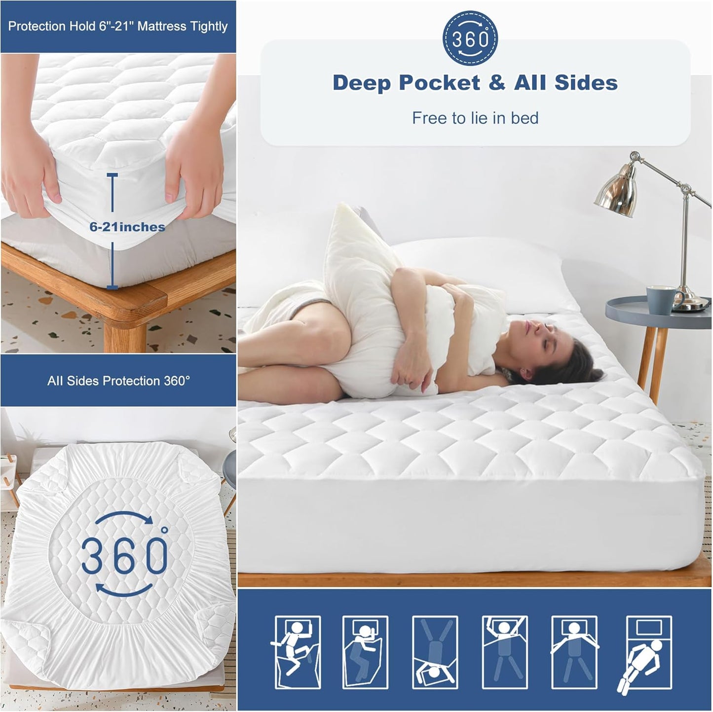 GRT California King Mattress Protector Waterproof, 100% Waterproof Quilted Fitted Mattress Pad, Noiseless Hollow Cotton Mattress Cover, fits up to 21" Deep, Dust Proof White
