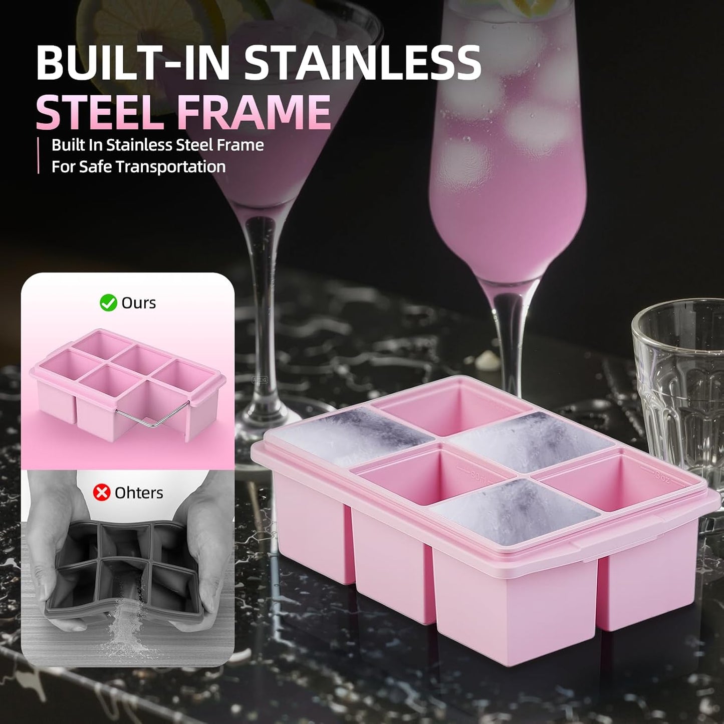 Large Ice Cube Trays for Whiskey (2 Pack) - Silicone Ice Cube Molds with Steel Frame Reinforcement & Lid, 2-Inch Square Ice Cubes for Whisky, Cocktails, Coffee, Tea - Easy Release