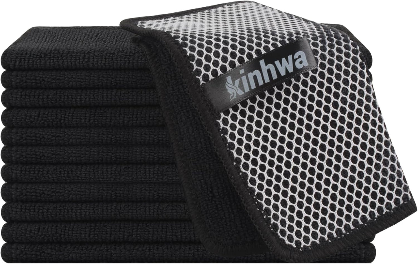 KinHwa Kitchen Washcloths for Dishes Absorbent Microfiber Dish Cloths Quick Dry Dish Rags with Poly Scour Scrub Side Ideal for Kitchen Cleaning (Black, 7inchx7inch 12 Pack)