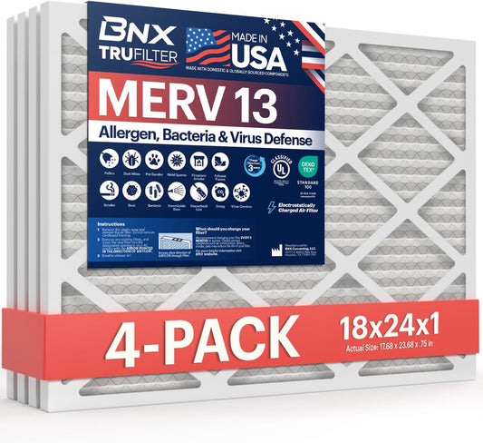 BNX TruFilter 18x24x1 Air Filter MERV 13 (4-Pack) - MADE IN USA - Electrostatic Pleated Air Conditioner HVAC AC Furnace Filters for Allergies, Pollen, Mold, Bacteria, Smoke, Allergen, MPR 1900 FPR 10