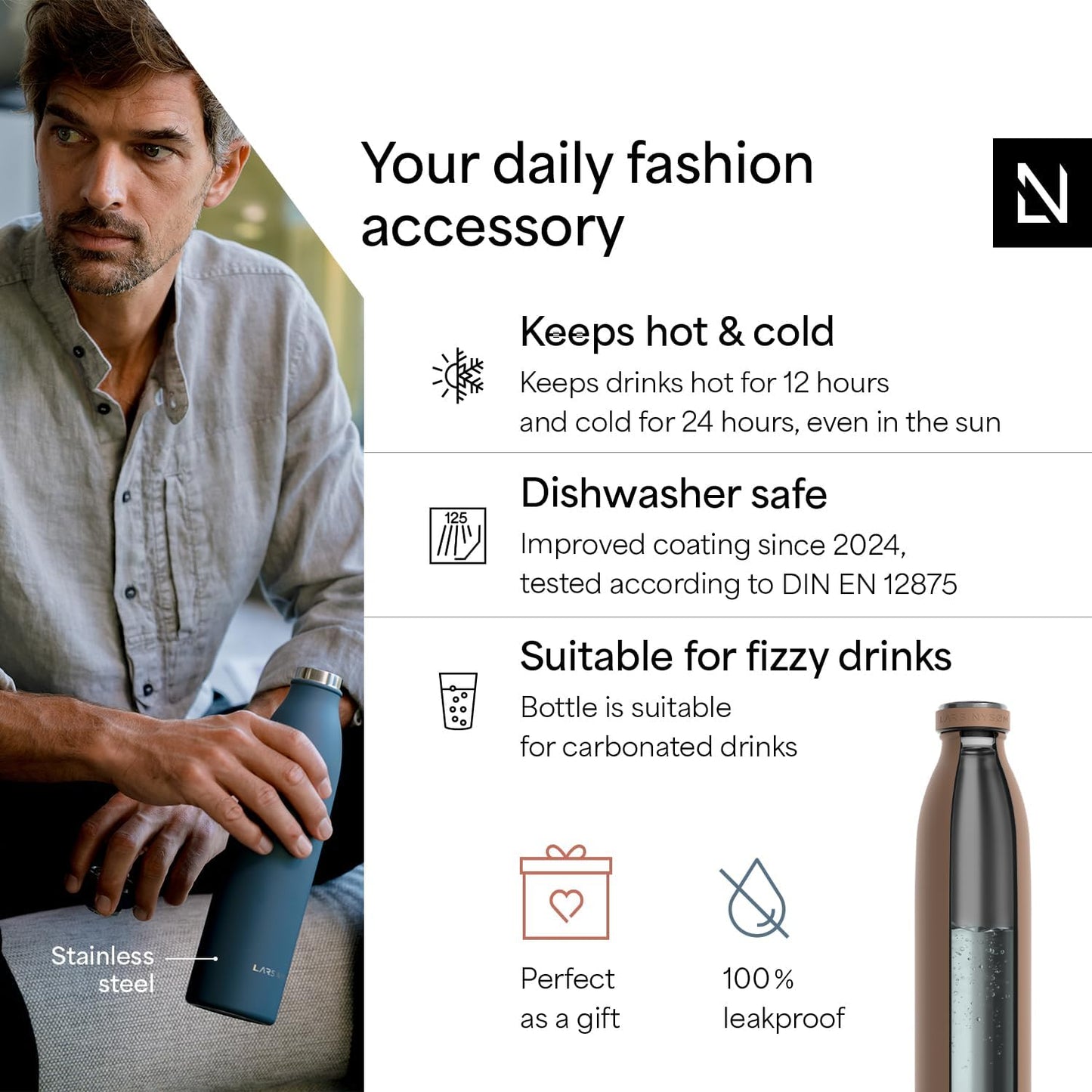 LARS NYSØM Stainless Steel Insulated Water Bottle 12oz 17oz 25oz 34oz 51oz | Insulated Thermo Flask for Hot and Cold Beverages | Leakproof Drinking Bottle (Mocha Brown, 17oz)