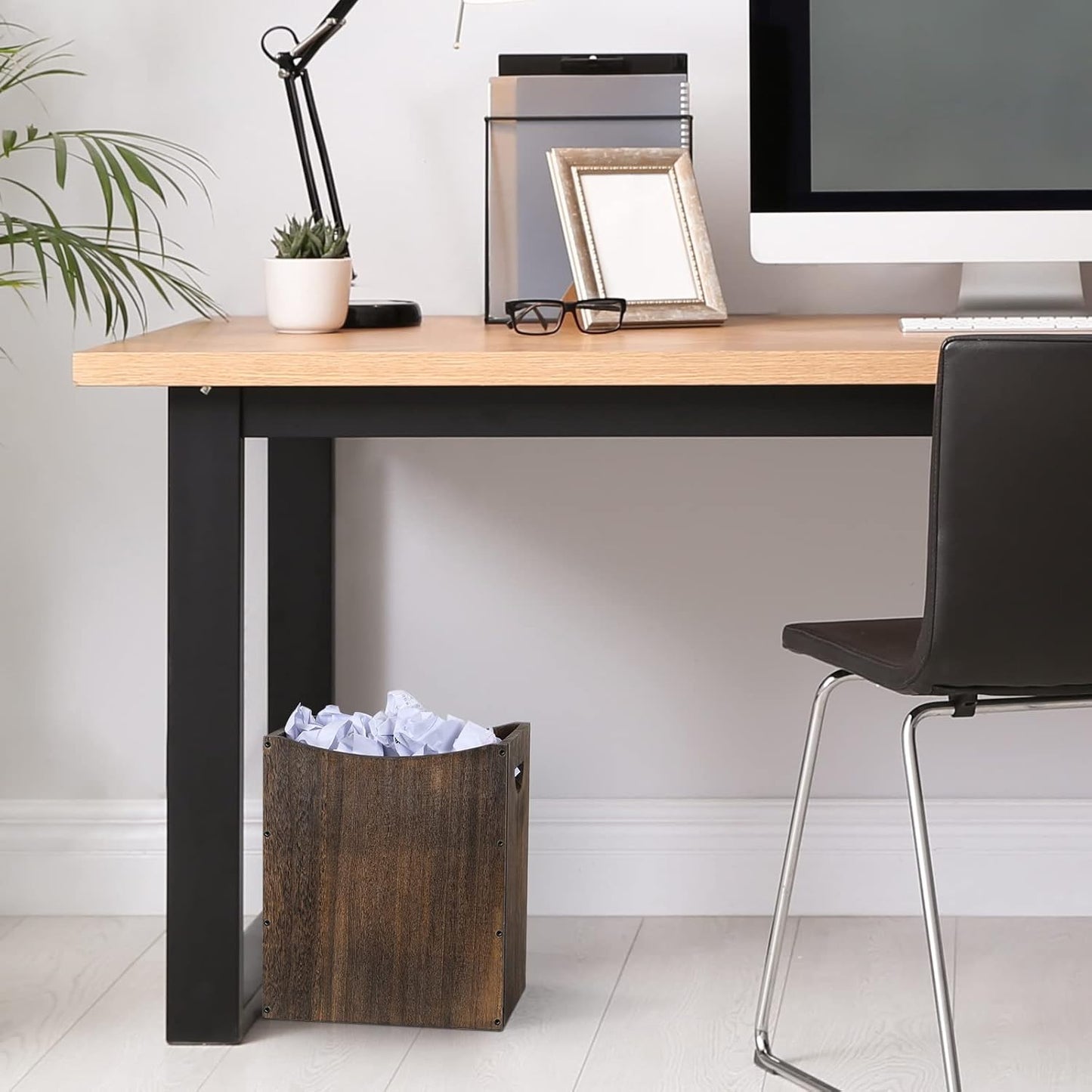 Wood Trash Can 5.3 Gallon Office Wastebasket Farmhouse Rectangular Garbage Can with Built-in Handles Small Trash Can for Bedroom Office Kitchen Bathroom Under Desk Large Storage