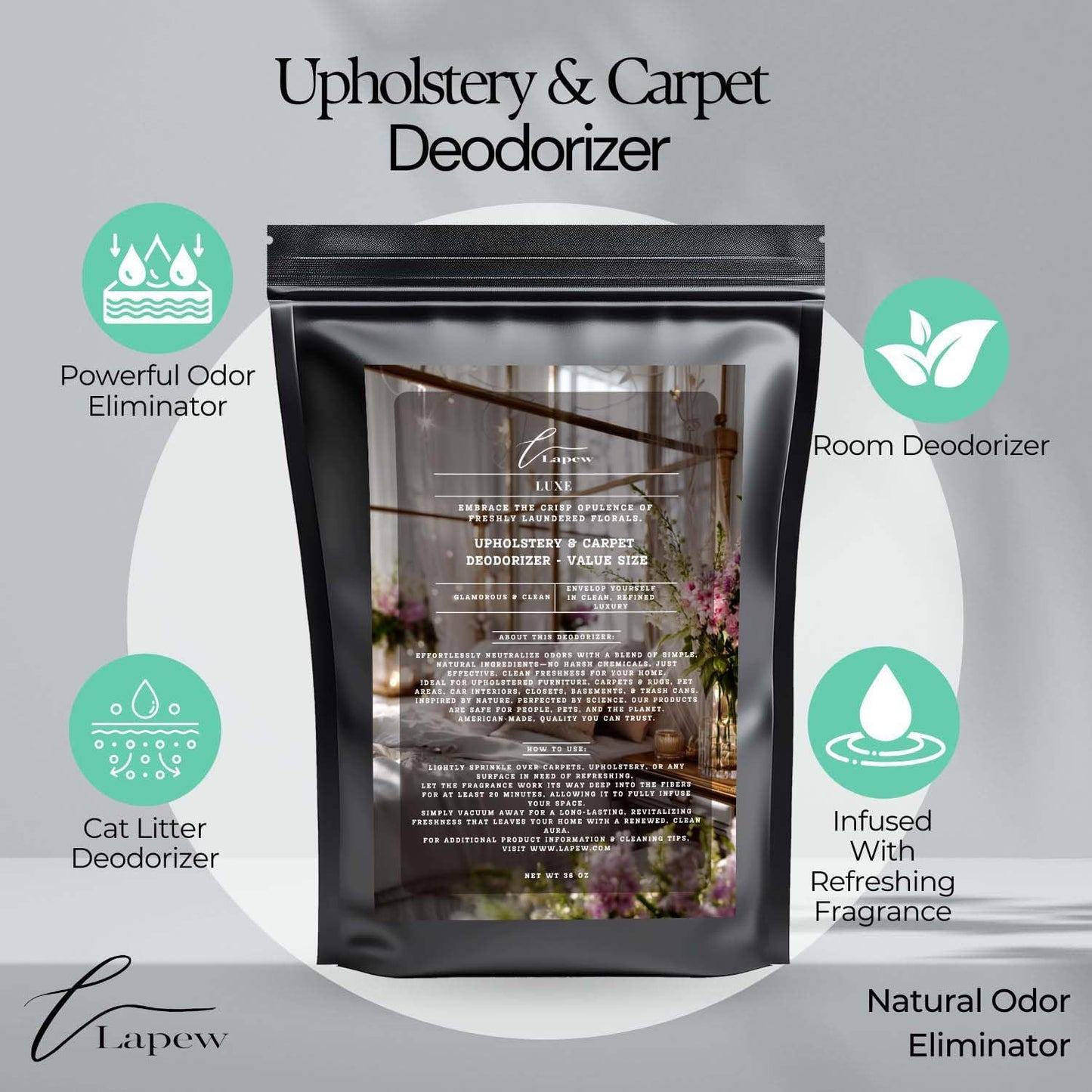 Luxe Carpet Freshener Powder Refill 36 oz | Powerful Odor Eliminator for Home | Upholstery Deodorizer | Carpet Deodorizer | Pet Urine | Cat Litter Box | Diva Fragrance