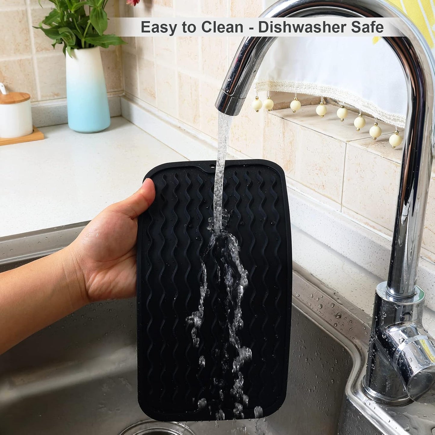 ZLR 2 Pcs Silicone Dish Drying Mats for Kitchen Counter, Eco-Friendly Fast Dry Dish Mat, Easy Clean Multi Usage Drying Matt, Heat Resistant Trivet, 6" x 12" Extra Small, Black