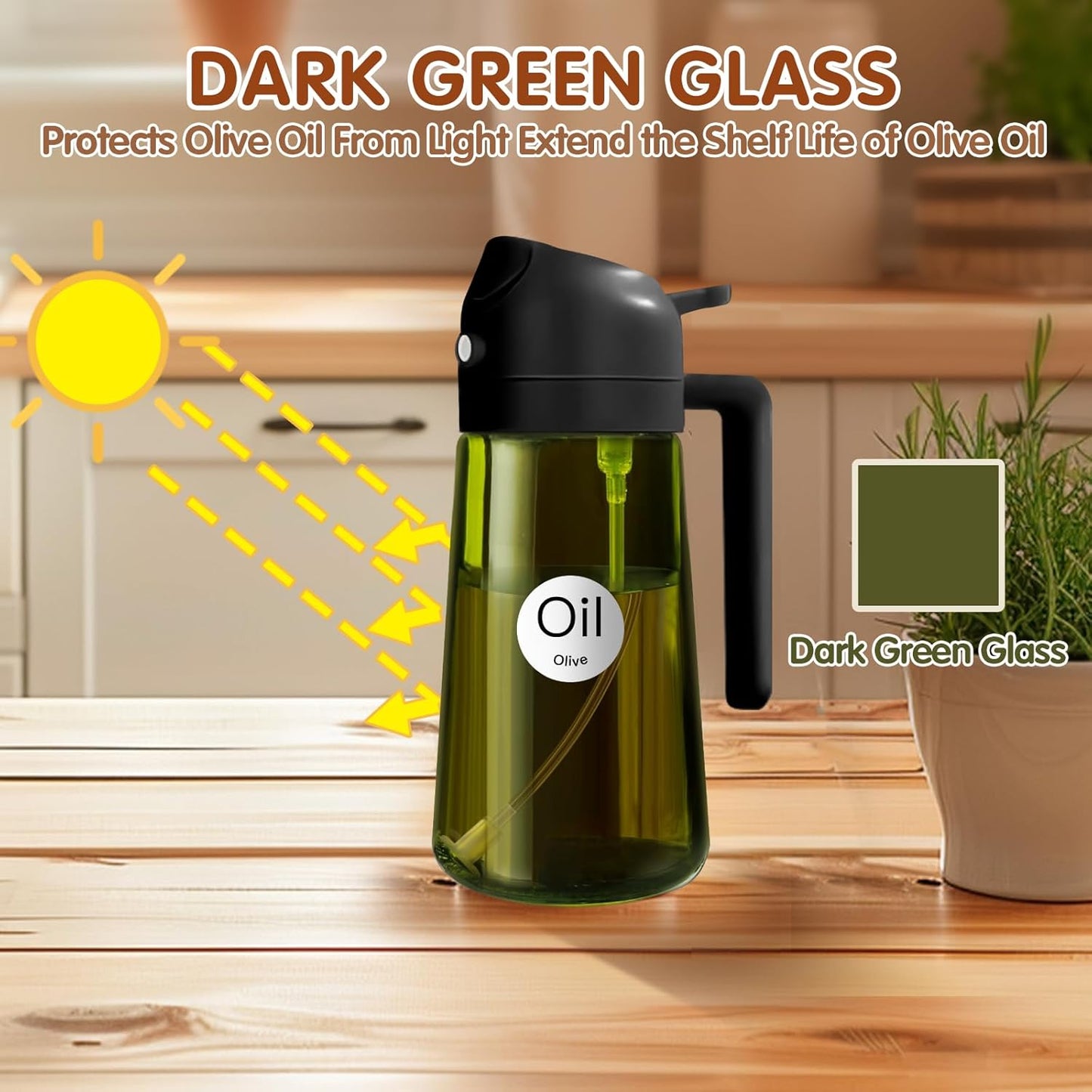YARRAMATE 16oz/470ml 2PCS Light Blockage Dark Oil Sprayer for Cooking, 2 in 1 Olive Oil Dispenser Bottle for Kitchen, Green Glass Oil Bottle, Food-Grade Oil Mister for Air Fryer, BBQ (Black & White)