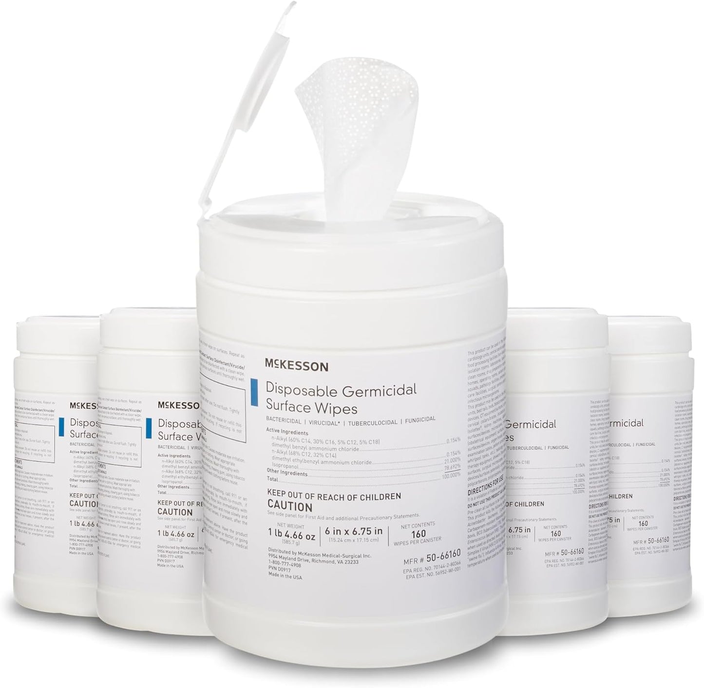 McKesson Germicidal Wipes [800 Count] Disinfecting Wipes, Alcohol Cleaning Disinfectant Wipes, Hospital Grade Multi-Surface Wipes, 160 Wipes, 5 Pack