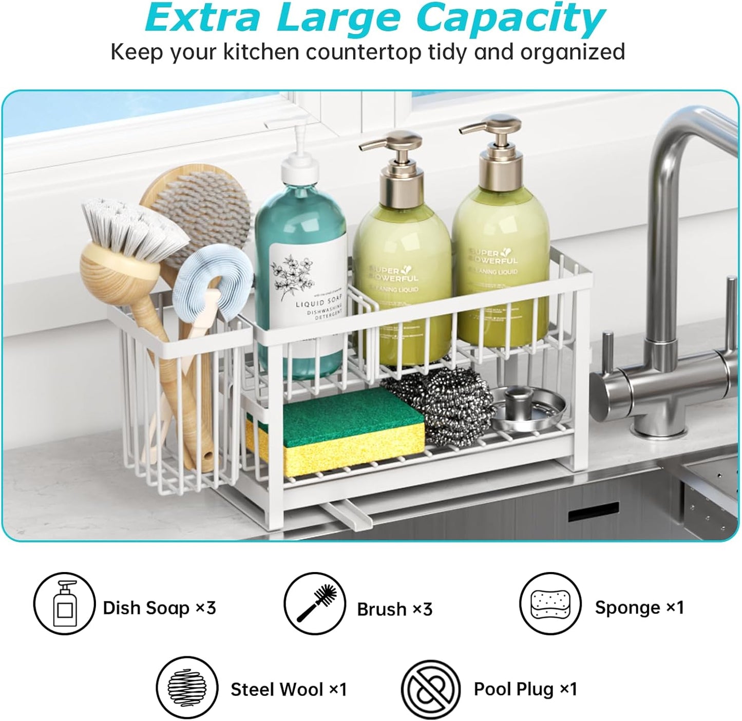 Sponge Holder for Kitchen Sink, 2 Tier Sink Caddy Organizer Countertop with Dish Brush Holder and 360° Drain Tray, Rustproof Stainless Steel Dish Soap Storage Rack Set for Accessories White