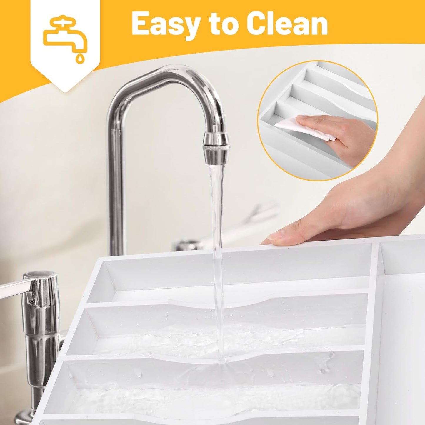 Kitchen Bamboo Silverware Organizer, Kitchen Drawer Organizer - Utensil Holder and Cutlery Tray with Grooved Drawer Dividers for Flatware 7 Slot, White