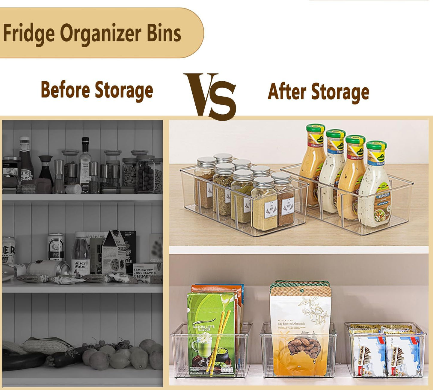 Pantry Organizers and Storage,Kitchen Organizers and Storage for Fridge,Drawer and Refrigerator - Spice Organization for Cabinet,Clear Plastic Stackable Organizer Bins with 3 Dividers (7 Pcs)