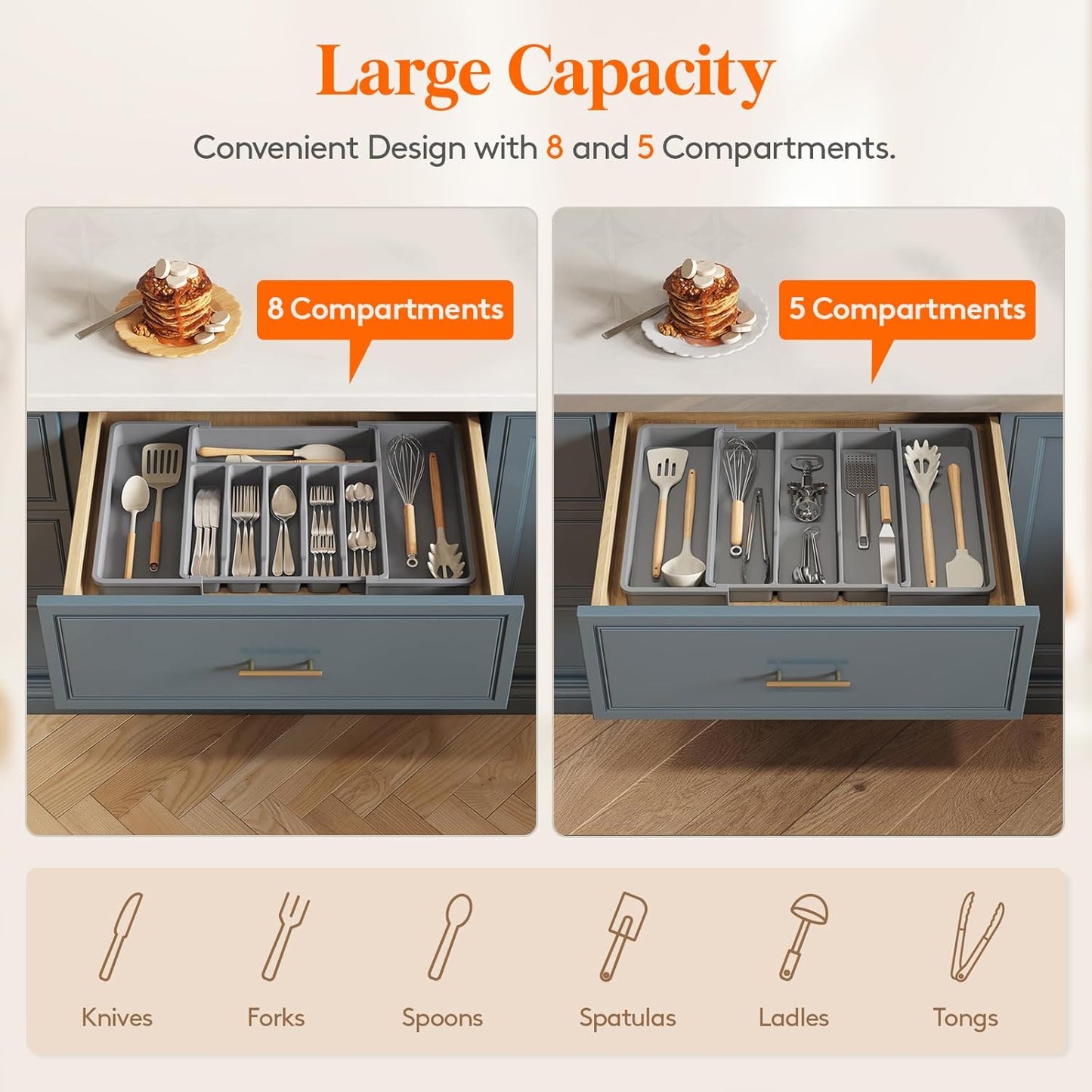 Lifewit Silverware Drawer Organizer and Utensil Organizer Set, Expandable Cooking Cutlery Tray for Kitchen, Adjustable Plastic Flatware Holder Storage Divider for Spoons Forks Knives, Large, Gray