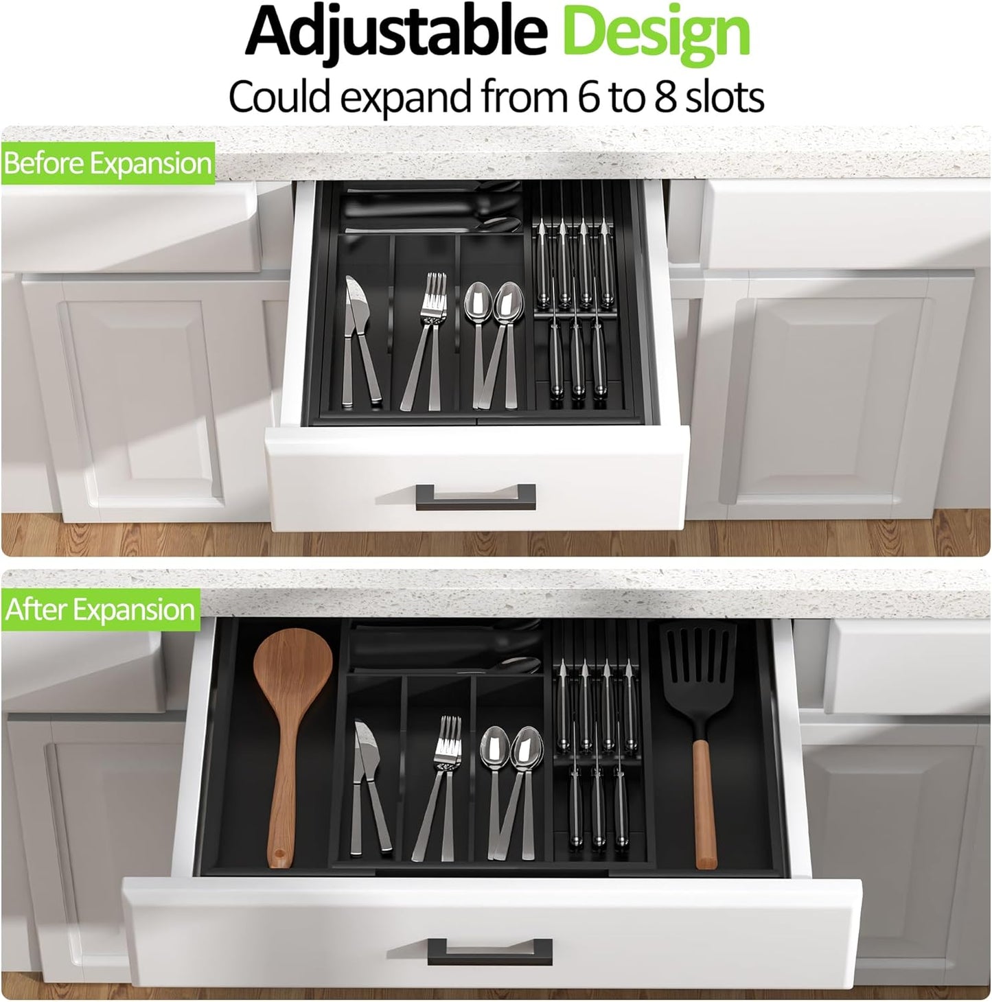 Bamboo Kitchen Drawer Organizer, Expandable Utensil Organizer with Removable Knife Block, Cutlery Tray Holder with Divider, Adjustable Silverware Organizer, Black