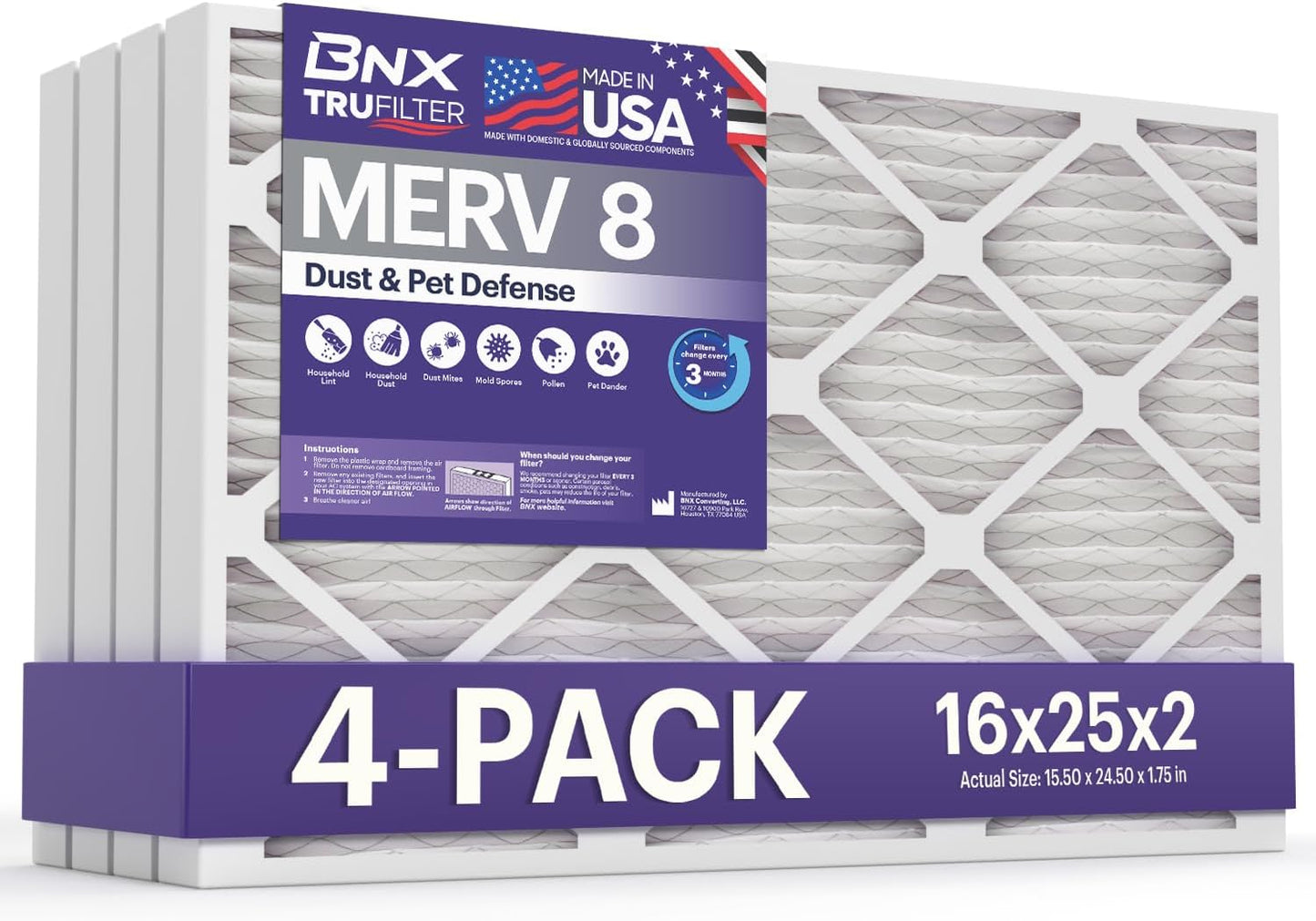 BNX TruFilter 16x25x2 Air Filter MERV 8 (4-Pack) - MADE IN USA – Dust & Pet Defense Electrostatic Pleated Air Conditioner HVAC AC Furnace Filters for Dust, Pet, Mold, Pollen MPR 600 – 700 & FPR 5