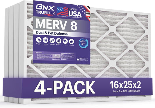 BNX TruFilter 16x25x2 Air Filter MERV 8 (4-Pack) - MADE IN USA – Dust & Pet Defense Electrostatic Pleated Air Conditioner HVAC AC Furnace Filters for Dust, Pet, Mold, Pollen MPR 600 – 700 & FPR 5