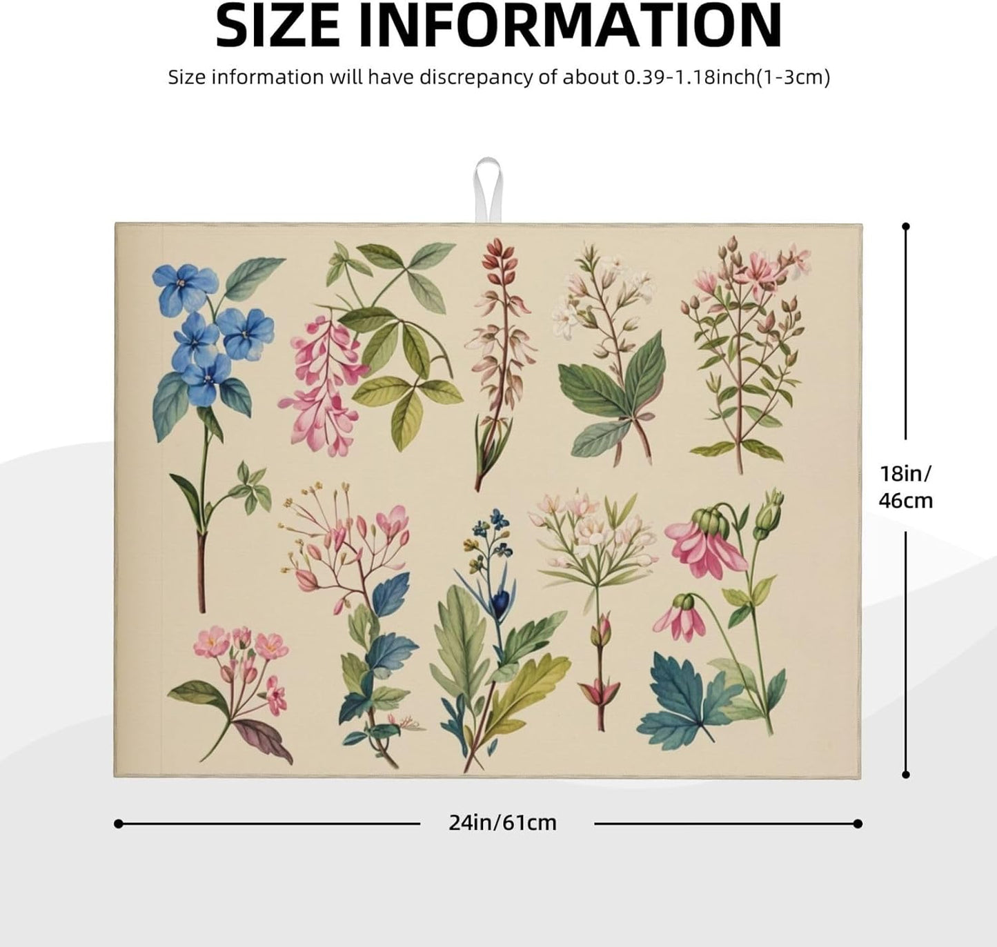 Vintage Plants Herbs Floral Dish Drying Mat Highly Absorbent Double-Sided Microfiber with Hanging Loop Reversible Drain Dish Rack Mat Drain Mat Suitable for Kitchen Countertop Coffee Bar 18 x 24 Inch