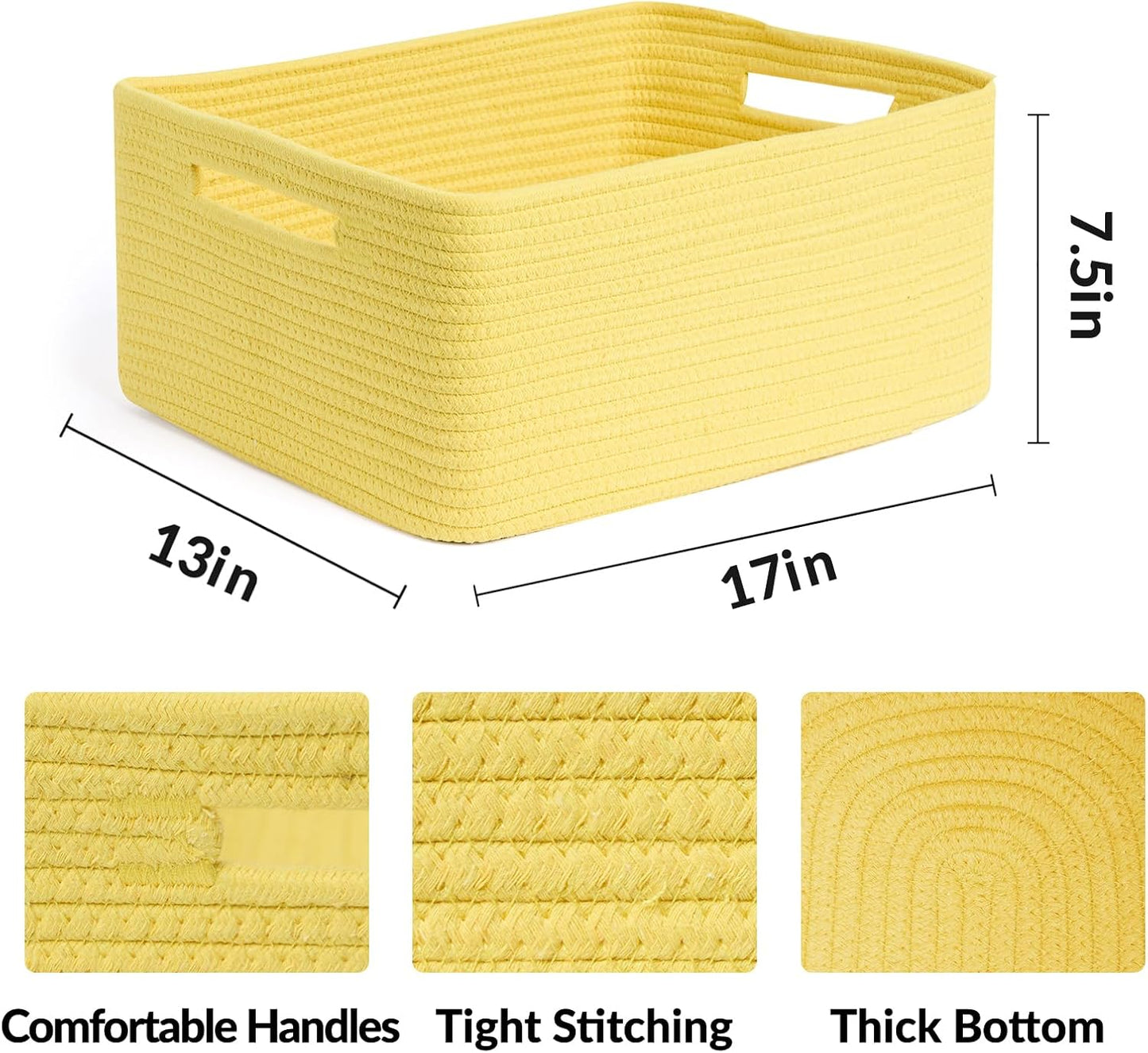 Large Storage Baskets for Shelves, Closet Organizers Bins for Clothes Blanket Towels, Baby Nursery, Toy Baskets Box, Woven Rope Baskets, 17 x 13 x 7.5”, 3 Packs Yellow