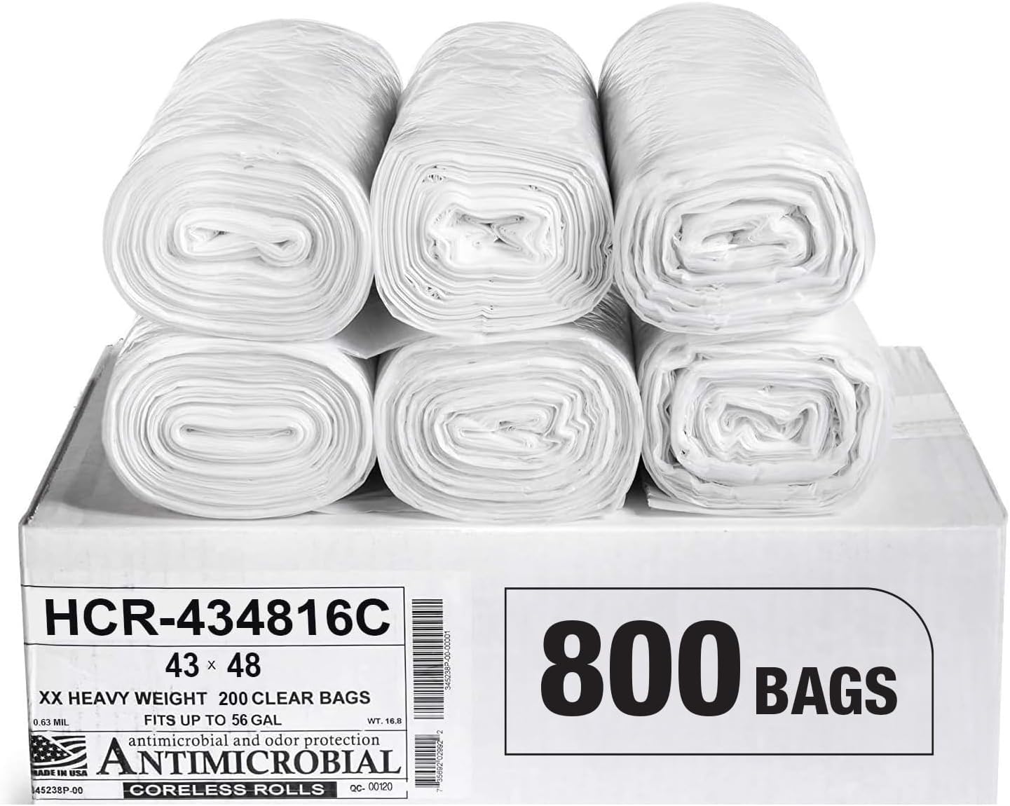 Aluf Plastics High Density Trash Bags, 56 Gallon, 800 Count, 16 Micron (eq), 43" x 48", Clear, for Bathroom, Office, Industrial, Commercial, Janitorial, Municipal, Recycling