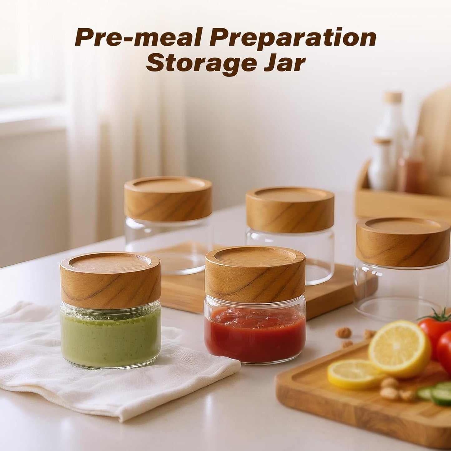 6-Pack 4 oz Stackable Airtight Glass Canisters with Acacia Lids - Small Mason Jars for Overnight Oats, Spice Storage, Herb Keepers, Pantry Organization and Dry Food Storage