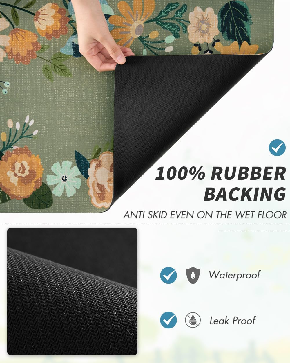 AMOAMI Coffee Mat Hide Stain Rubber Backed Absorbent Dish Drying Mat for Kitchen Counter - Fits Under Coffee Maker - Floral GREEN 12X19