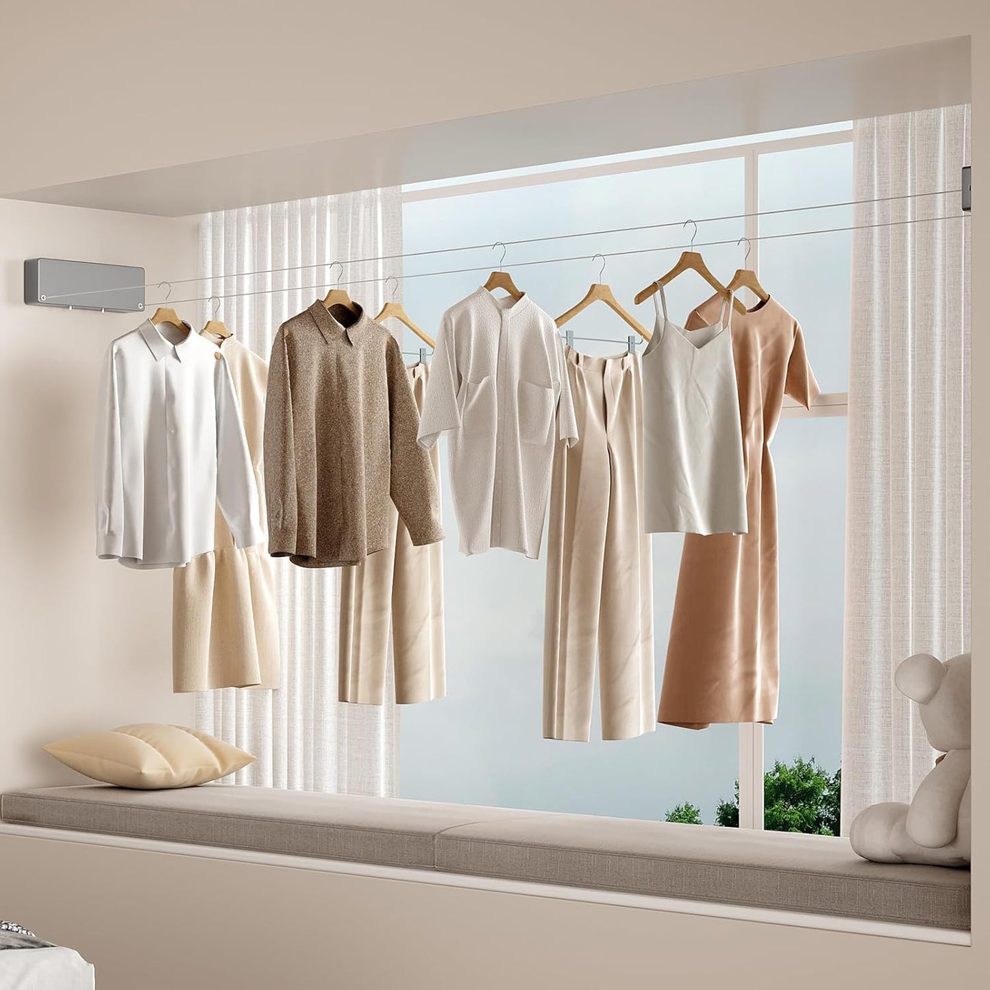 Retractable Clothesline Indoor, Non-Sagging Clothes line retracting Outdoor, Heavy Duty Wall Mounted Laundry Line Adjustable Stainless Steel for Laundryroom, Bathroom, 15.8 Feets Double Lines Grey