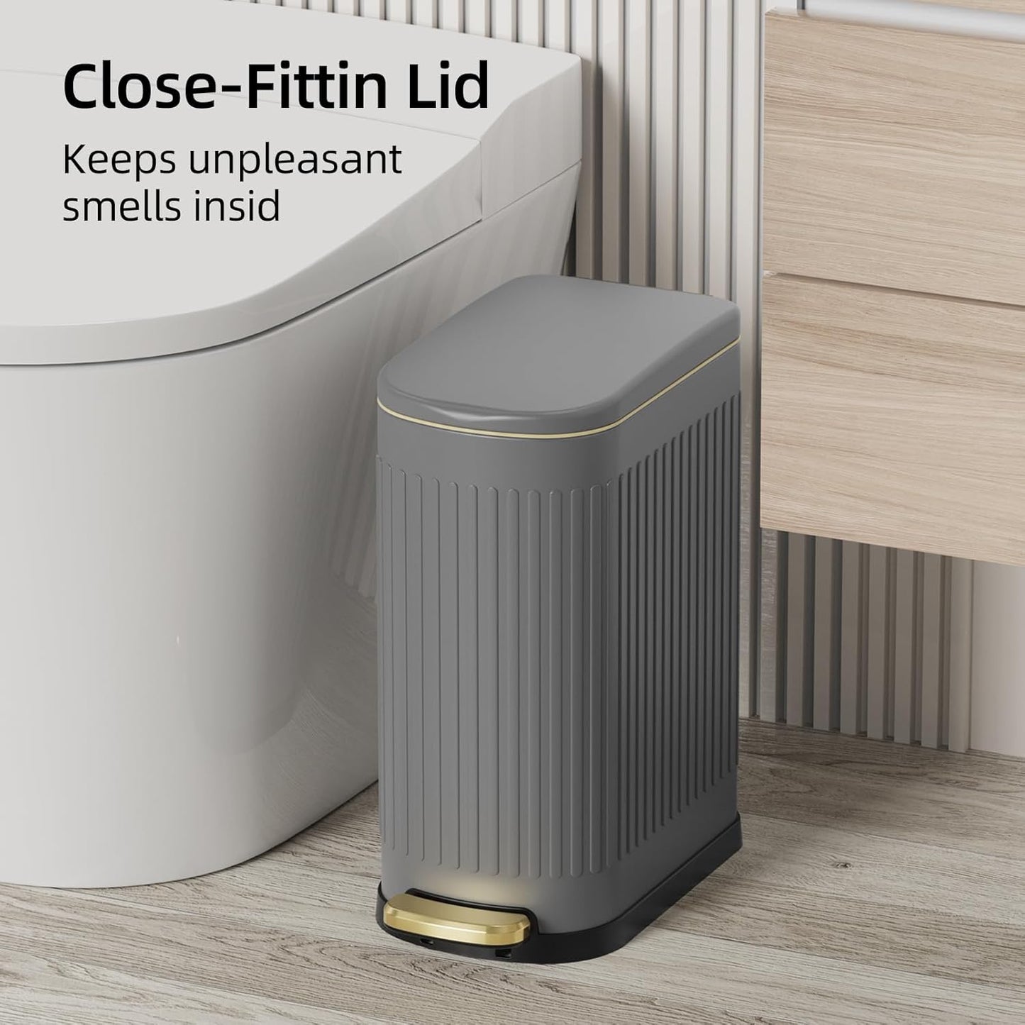 KUK Slim Bathroom Trash Can with Lid, 2.6 Gallon (10 L) Stainless Steel Step Small Garbage Can with Removable Inner Bucket, Soft Close, Anti-Fingerprint Finish (Gray)