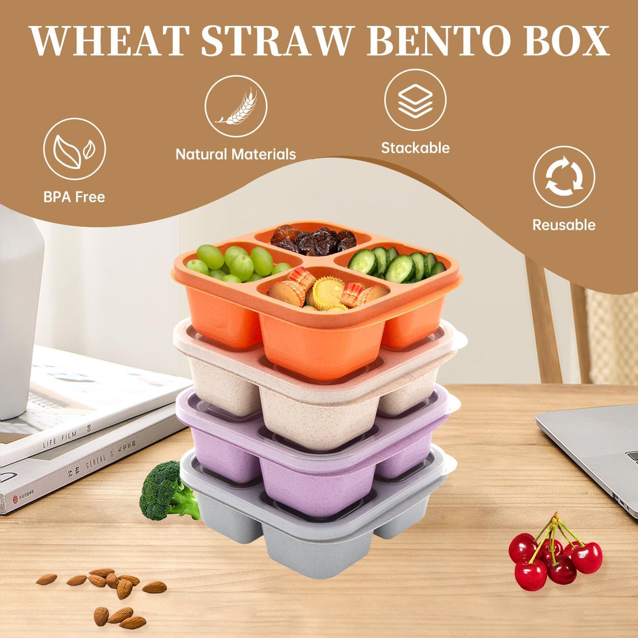 7 Pack Bento Lunch Box ，4 Compartment Snack Containers，Divided Meal Prep Lunch Containers, Kids/Toddle/Adults,Food Storage for School, Work and Travel