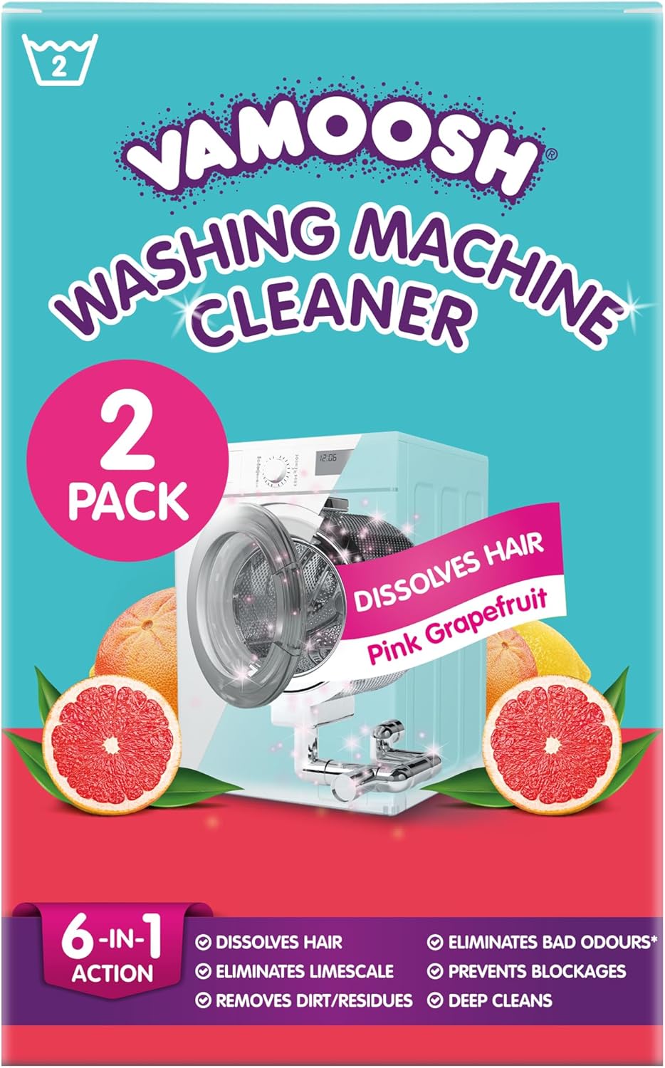 Vamoosh 6-in-1 Washing Machine Cleaner | Dissolves Pet Hair | Prevents Blockage | Grapefruit Scent | Removes Limescale | Deep Clean | Eliminates Odor | Made in the UK | 150g (Pack of 2)