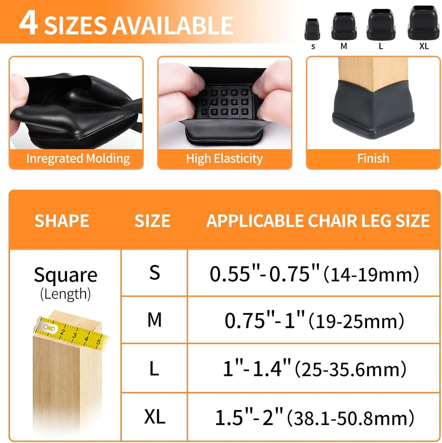 Ezprotekt 8 Pcs Large Chair Leg Sliders for Carpet, Square Black Teflon Furniture Glides Pads Caps for Rug, Bar Stool Leg Protectors Covers for Table, Chair, Sofa Legs (XL Fit: 1.5" - 2")