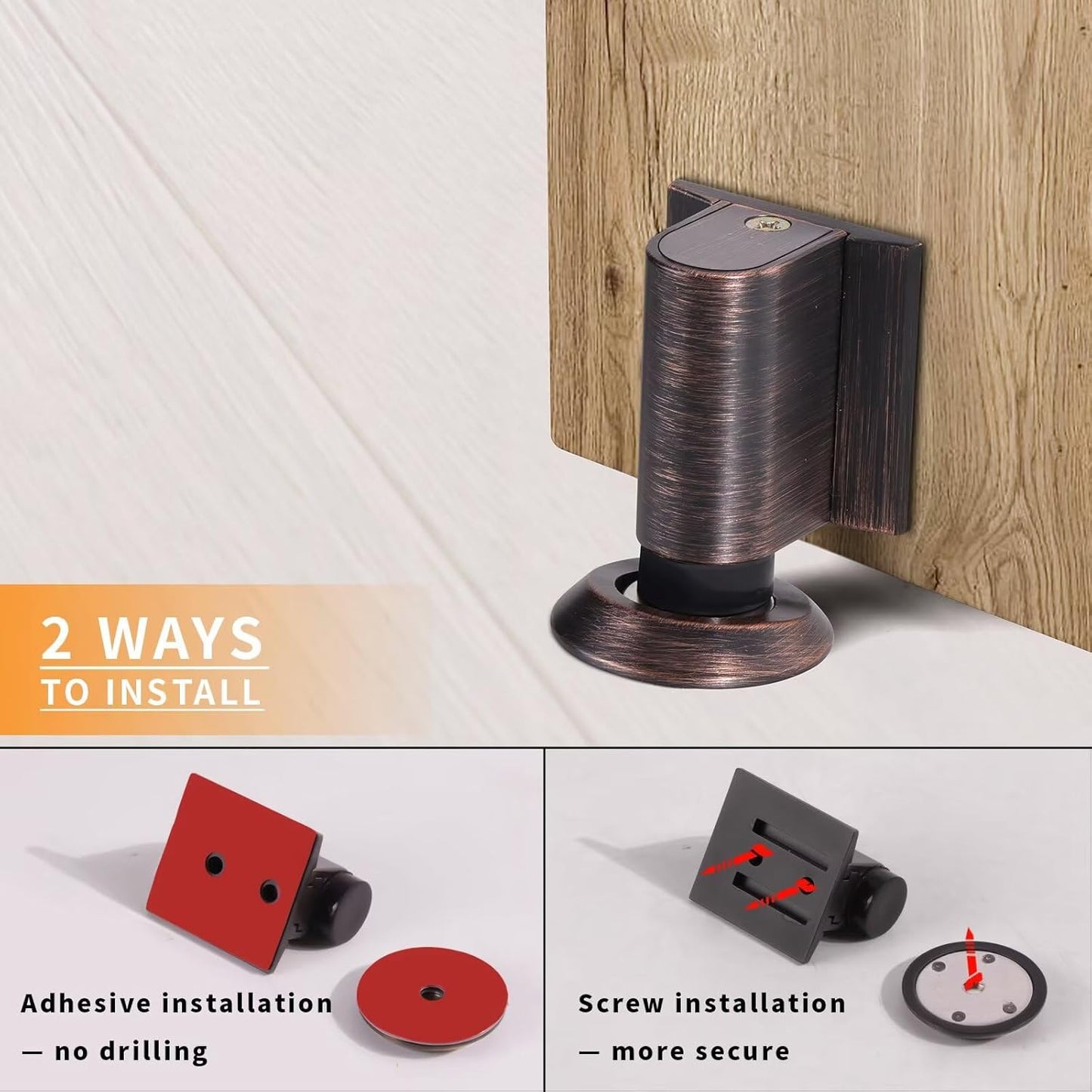 Bak Bo Magnetic Door Stoppers 2 Pack Bottom of Door Holder Keep Door Open No Drilling Magnet Floor Door Stop with Screws and Adhesive Oil Rubbed Bronze DS268ORB-2