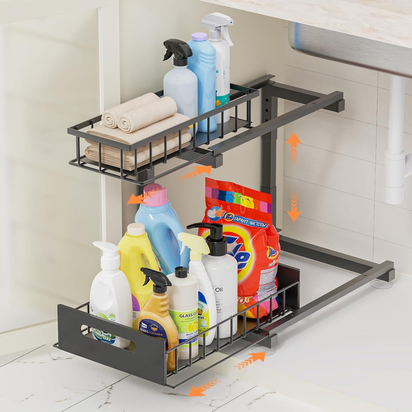 Under Sink Organizer Storage 2-Tier Heavy Duty Metal Pull Out Cabinet Organizer Slide Out Sink Shelf Organizer Height Adjustable, Multi-Purpose Storage Shelf for Kitchen Bathroom (Black, 1 Pack)