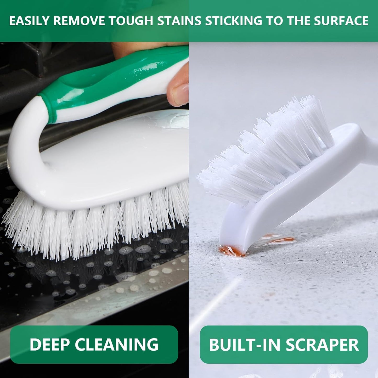 Scrub Brush Set, 4 Pack Deep Cleaning Brush Kit - 2 Scrub Brush, 2 Tile & Grout Brush with Built-in Scraper, Household Commercial Scrubber for Floor, Shower, Pool Wall, Tub (Green)