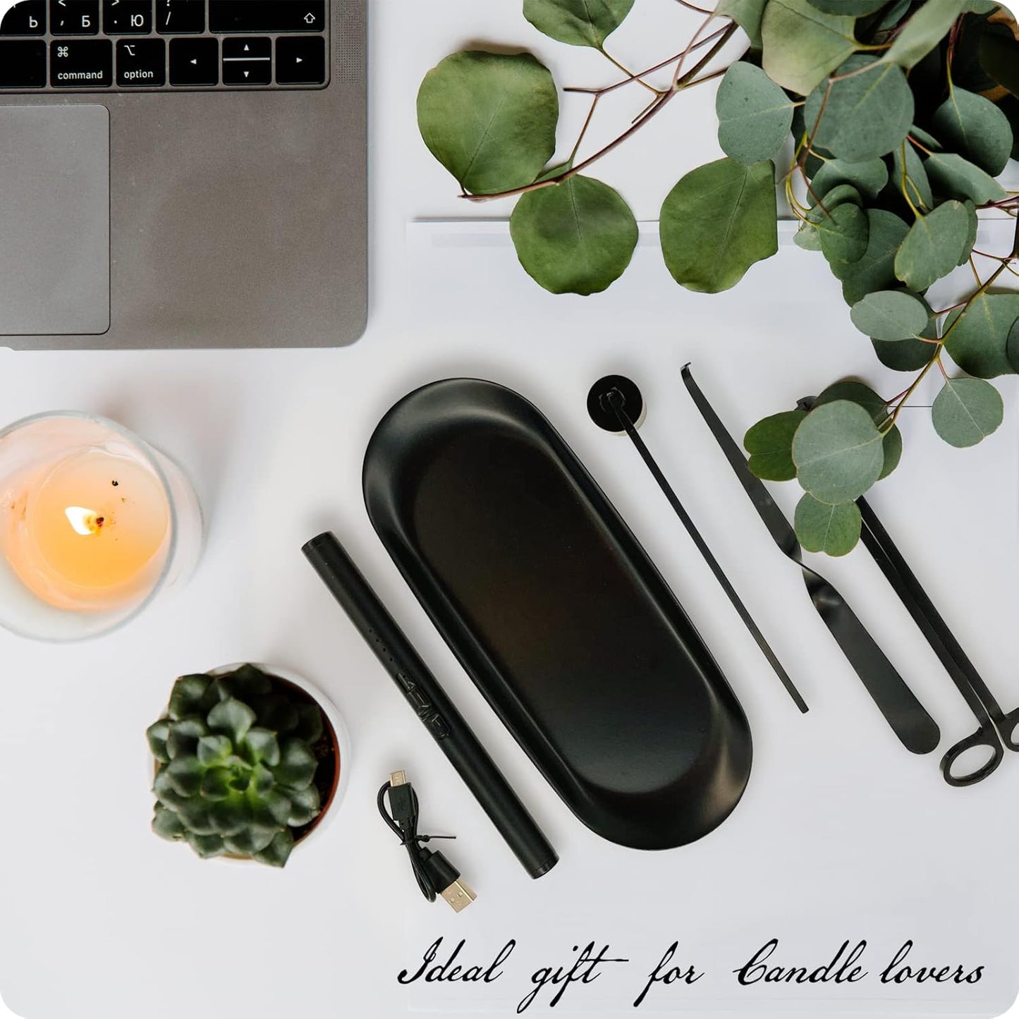 Exquisite Candle Accessories Tool Pack Bag, Rechargeable Electric Lighter， Wick Trimmer, Dipper, Snuffer and Tray Holder Elegant Kit Gift for Candle Lovers in Dating, Valentines Decor. (French Gold)