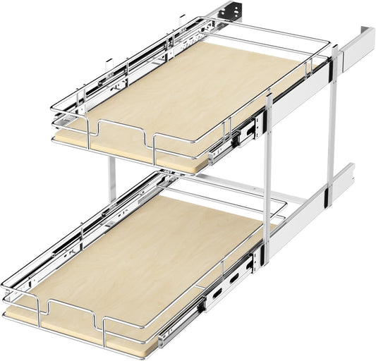 ROOMTEC 2 Tier Individual Pull Out Cabinet Organizer 10½"W x 21½"D, Slide Out Wood Shelves Organizers, Pull Out Drawers Organization and Storage for Kitchen Cabinet