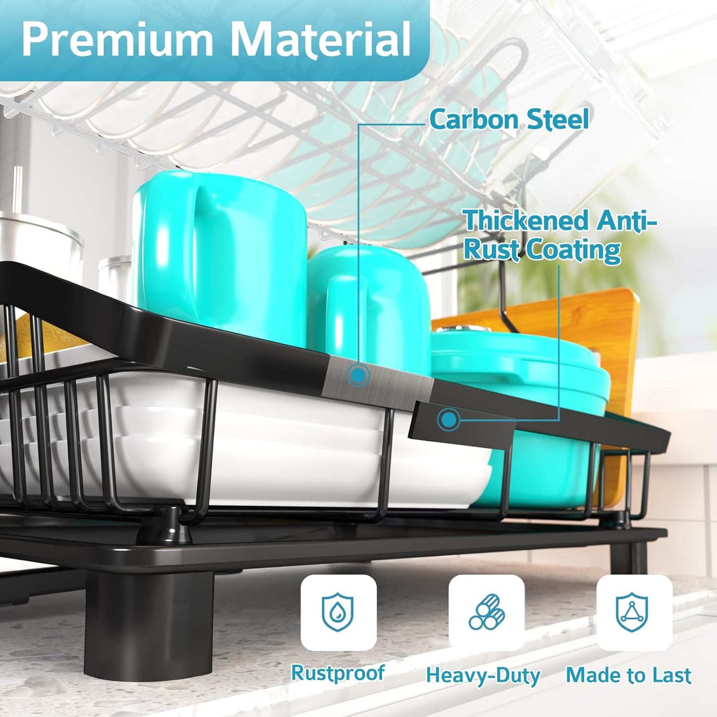 Dish Drying Rack - 2 Tier Large Capacity Dish Rack- Dish Racks for Kitchen Counter with Drainboard, Rustproof Dish Drainer with Removable Utensil Holder,Cutting Board Holder,Cup Holder, Black