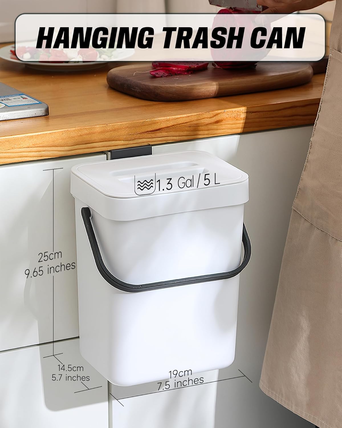 Indoor Compost Bin - 1.3 Gallons Hanging Small Trash Can with Lid for Kitchen Bathroom, Under Sink Kitchen Trash Can, Indoor Counter Compost Bucket with Lid, 5L(White)