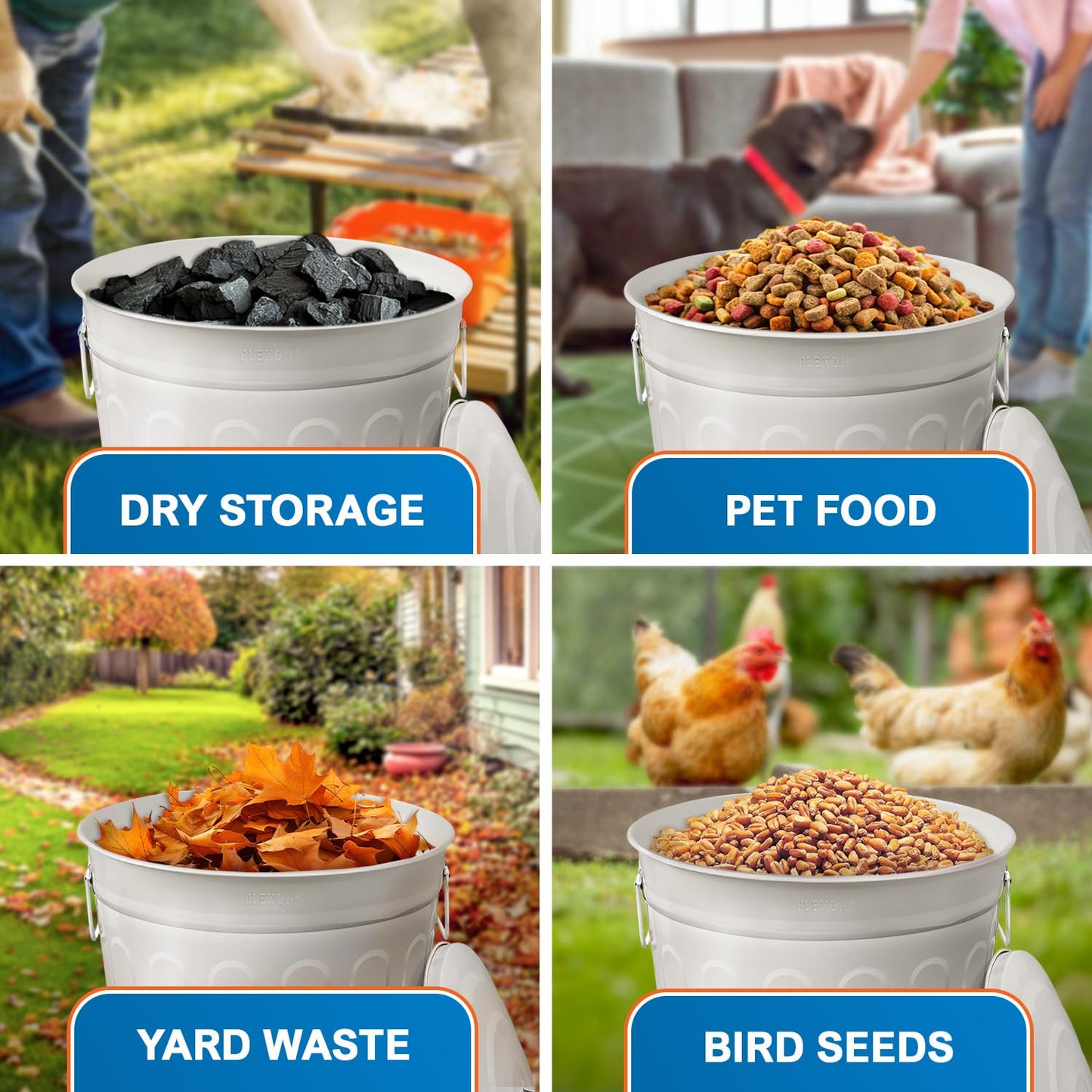 Plexon Round Trash Can 13 Gallon, Vintage Metal Outdoor Trash Can with Lid, Retro Farmhouse Garbage Container, Old School Modern Ash Bucket, Beige 6 Pack