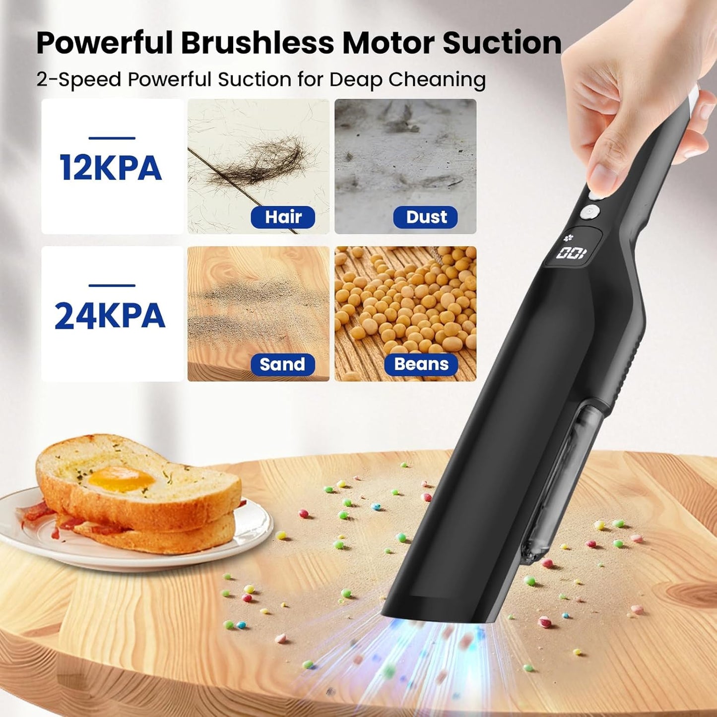 Cordless Handheld Vacuum, 24Kpa Strong Suction Car Vacuum with Brushless Motor, Charging Dock, 2in1 Flat Nozzle, Sofa Brush, 1.5lb Portable HandHeld Vacuum with 2-Speed for Home, Car, Pet, Office