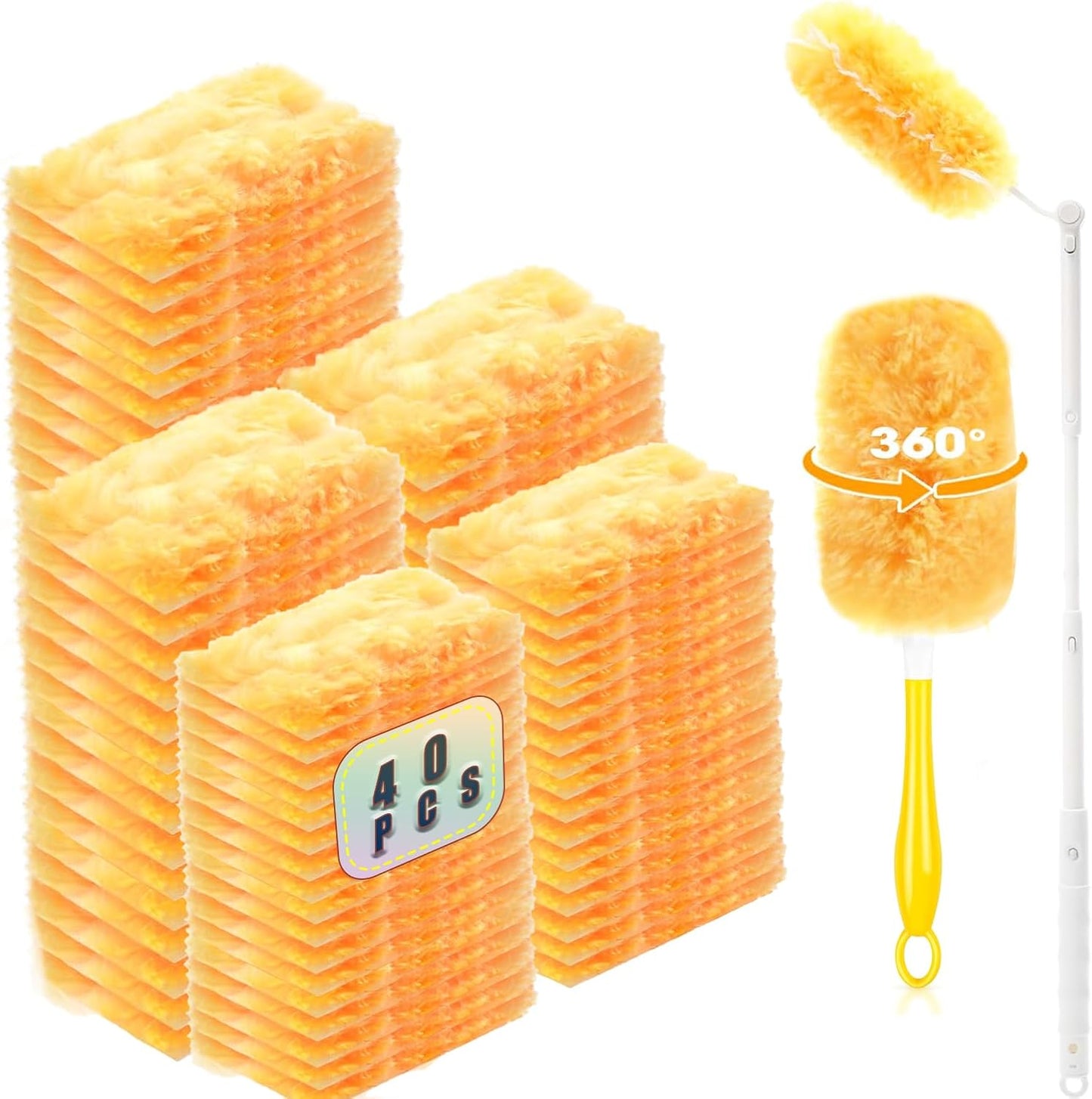 Duster Refills Compatible with Swiffer Duster, 360 Heavy Duty Multi Surface Duster Replacement with 1 Short Handle and 3FT Extenda Handle for Cleaning Furniture, Blind, Ceiling Fans(yellow-360-40pack)