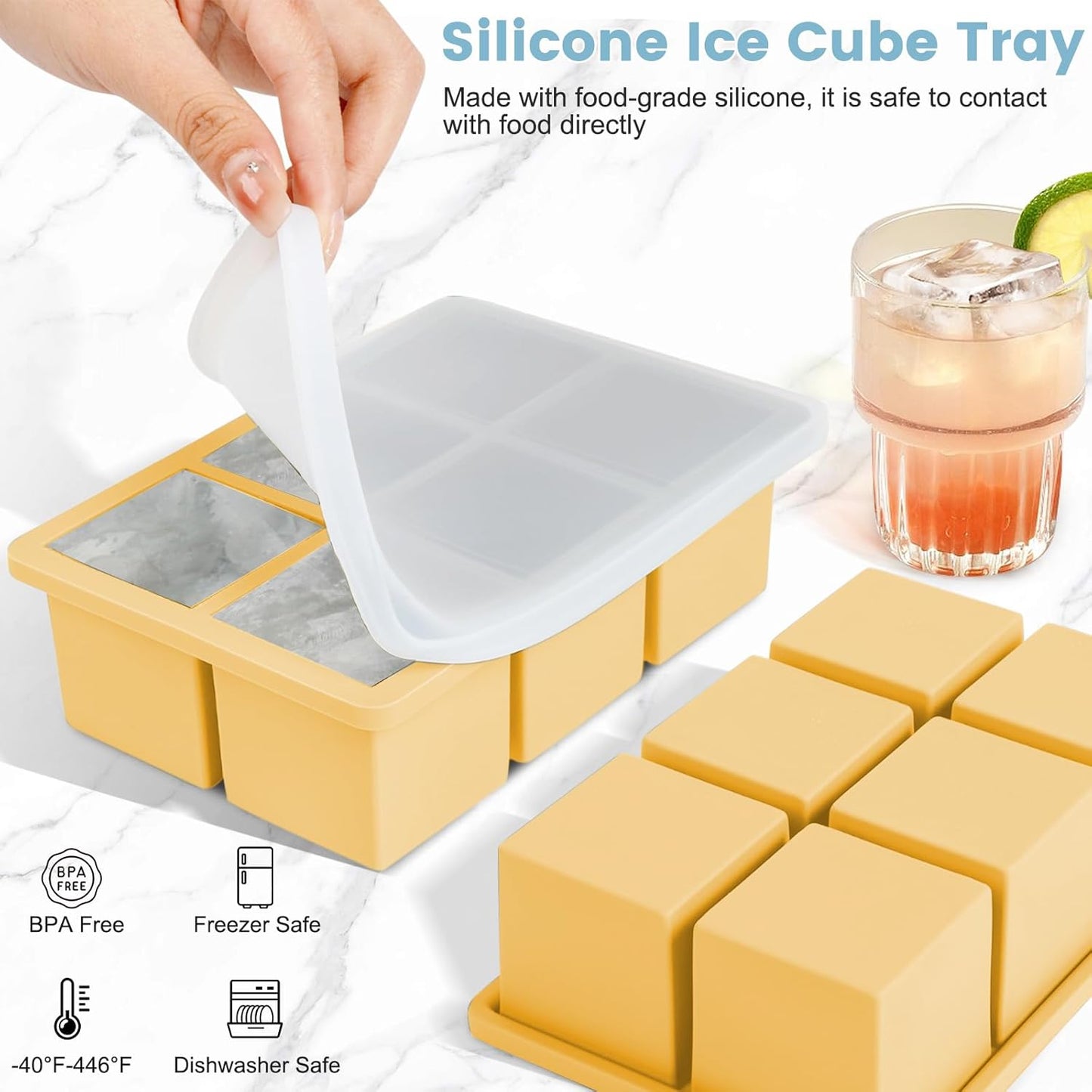 Large Silicone Ice Cube Tray 3Pack, SAWNZC Big Square Ice Cube Molds for Whisky Cocktail, Ice Maker Tray with Lid for Freezer, Easy Release (3, Blue-Green-Yellow)