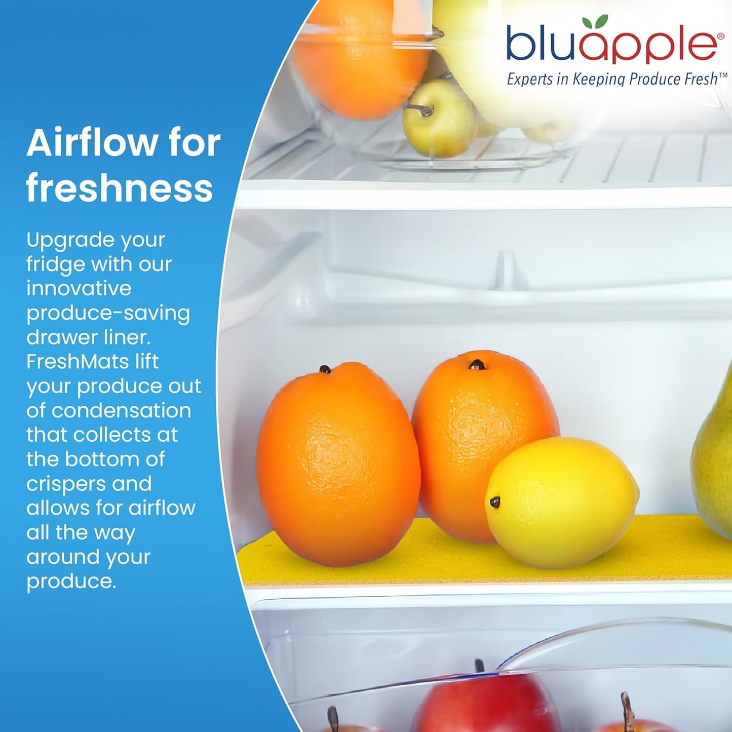 Bluapple FreshMats, Refrigerator Bin Liner, Fridge Drawer Mats, Crisper Life Extender Liner Keeps Produce Fresh Longer, Anti-Bruising, for Air Circulation, Washable & Reusable (4-Mats, 12x15, Yellow)