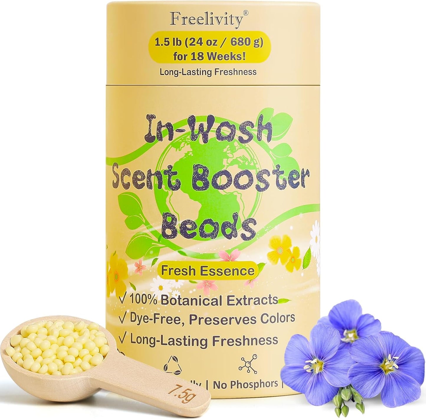Freelivity In‑Wash Scent Booster Beads – Fresh Essence Scent, Laundry Beads fabric softener, 24 oz – Lasts Up to 70 Washing Cycles – Eco‑Friendly & Safe for Babies and Kids