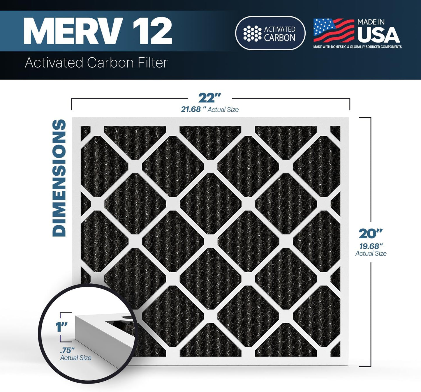 BNX TruFilter 20x22x1 MERV 12 Odor Defense (6-Pack) AC Furnace Air Filter with Activated Carbon - MADE IN USA - Pleated Air Conditioner HVAC AC Furnace Filters - Removes Odor, Mold, Bacteria, Smoke