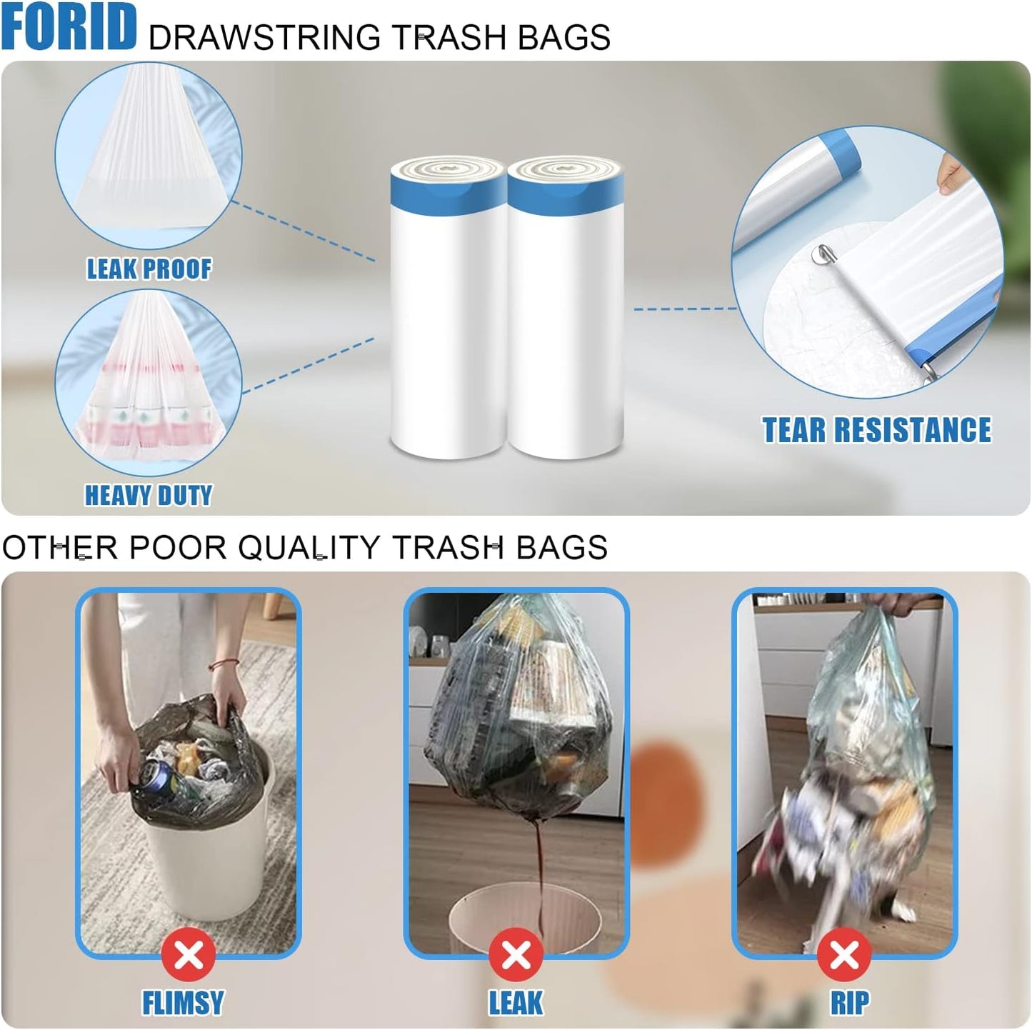 FORID Small Drawstring Trash Bags - 4 Gallon Plastic Garbage Bags White Unscented Can Liners 60 Count Strong Wastebasket Bags for Bathroom Office Home Kitchen Bedroom Travel 15 Liter - Durable & Thick