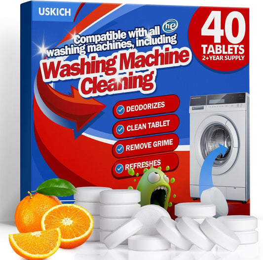 USKICH Washing Machine Cleaner Descaler 40 Pack-Deep Cleaning Tablets For HE Front Loader & Top Load Washer,Washer Machine Cleaning Tablets Clean Inside Drum and Laundry Tub Seal,Septic Safe