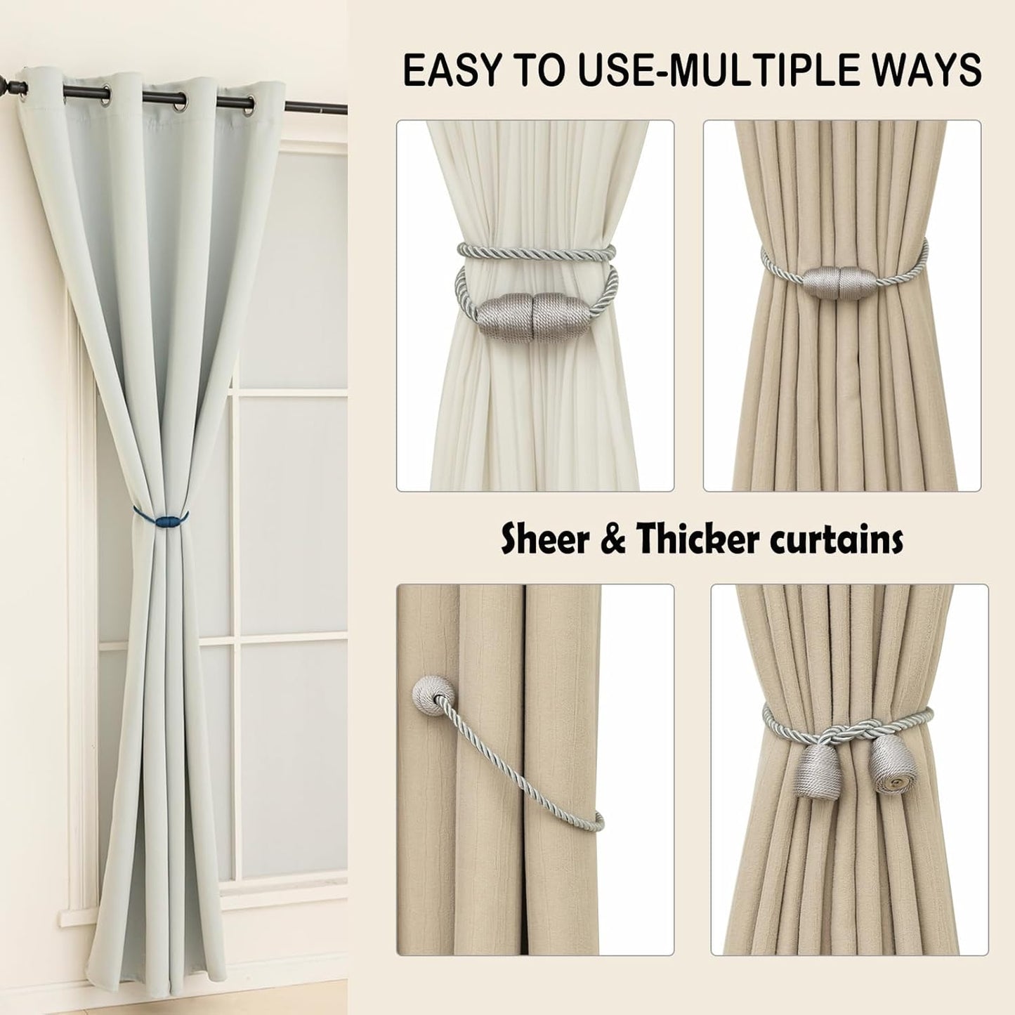 Magnetic Curtain Tiebacks Rope Curtain Tie Backs for Curtains 4 Pack Curtain Holders for Drapes Decorative Window Curtain Holdbacks, Grey