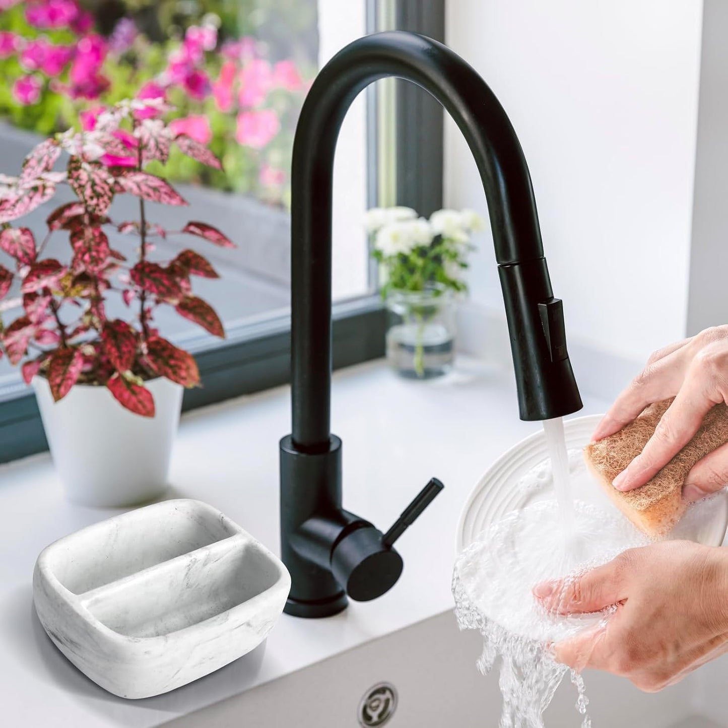 MyGift Modern White Resin Sponge Holder for Kitchen Sink, Countertop Dish Sponge Holder with 2 Compartments and Marble Pattern