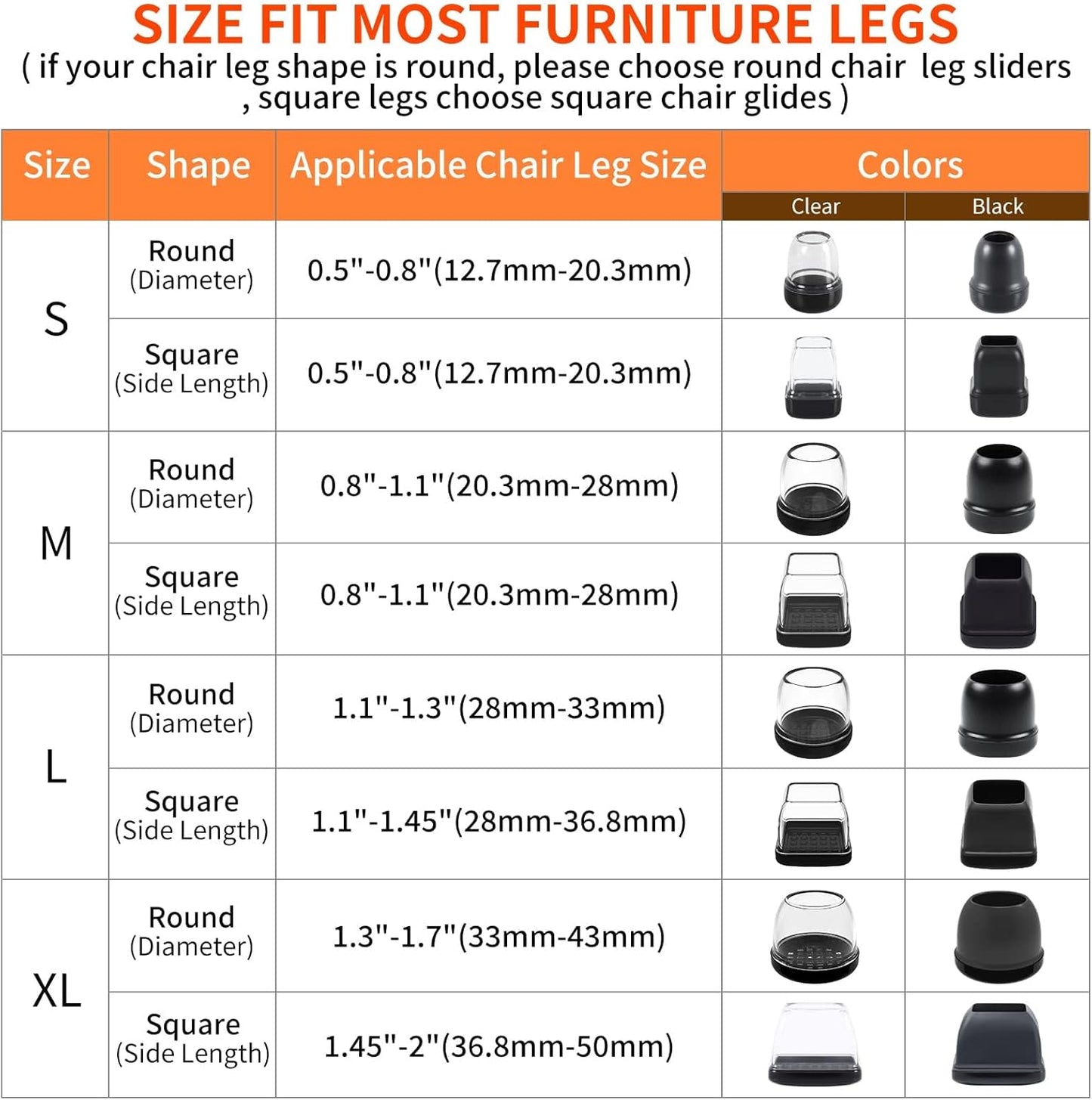 Ezprotekt 8 Pcs Large Clear Chair Leg Sliders for Carpet, Square Teflon Furniture Glides Pads Caps for Rug, Bar Stool Leg Protectors Covers for Table, Chair, Sofa Legs (XL Fit: 1.5" - 2")