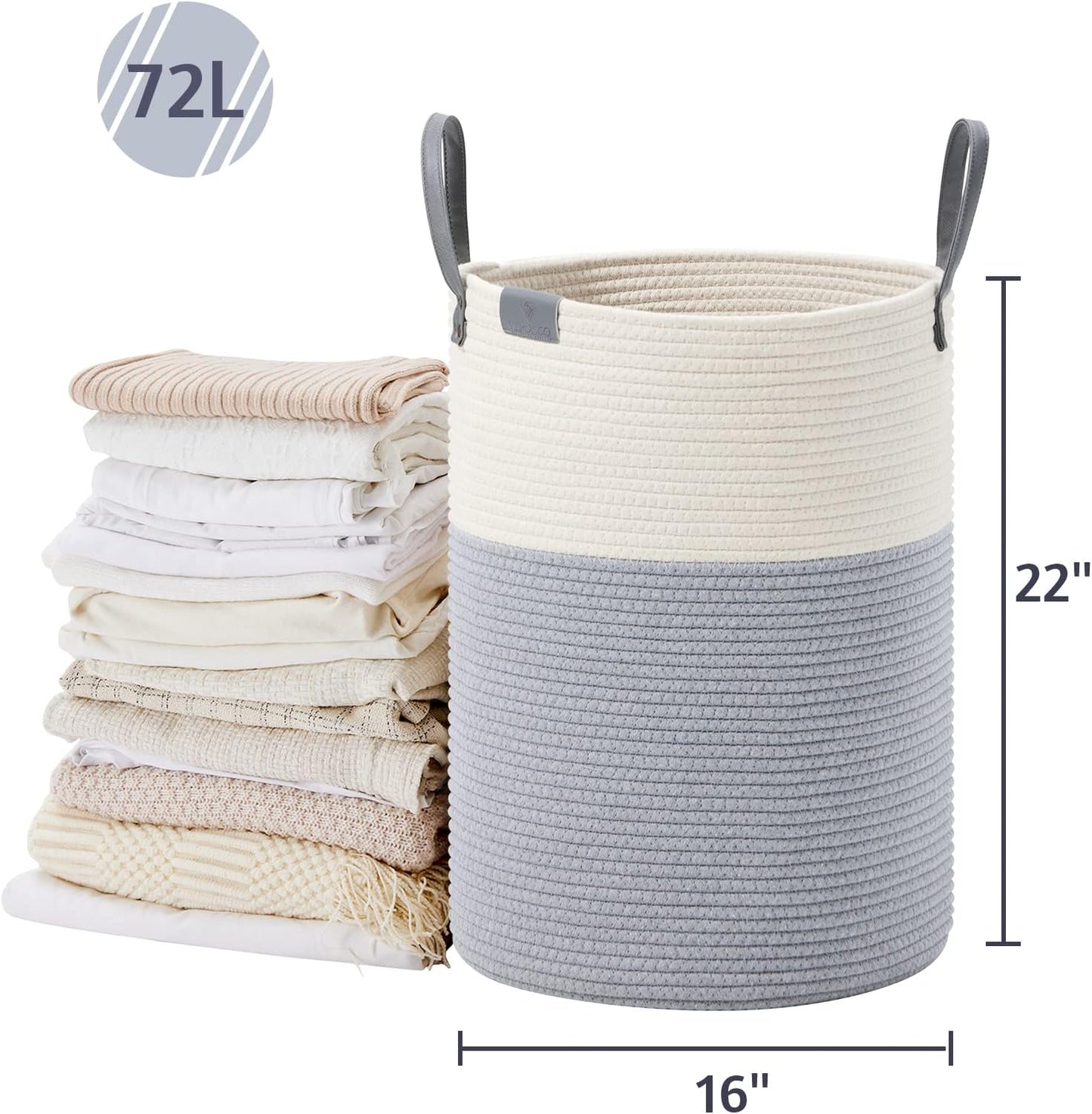 VIPOSCO Tall Laundry Basket, Large Dirty Clothes Hamper with Leather Handle, Woven Rope Storage Basket for Blanket, Toy In Living Room, Bathroom, Bedroom - 72L Grey & White