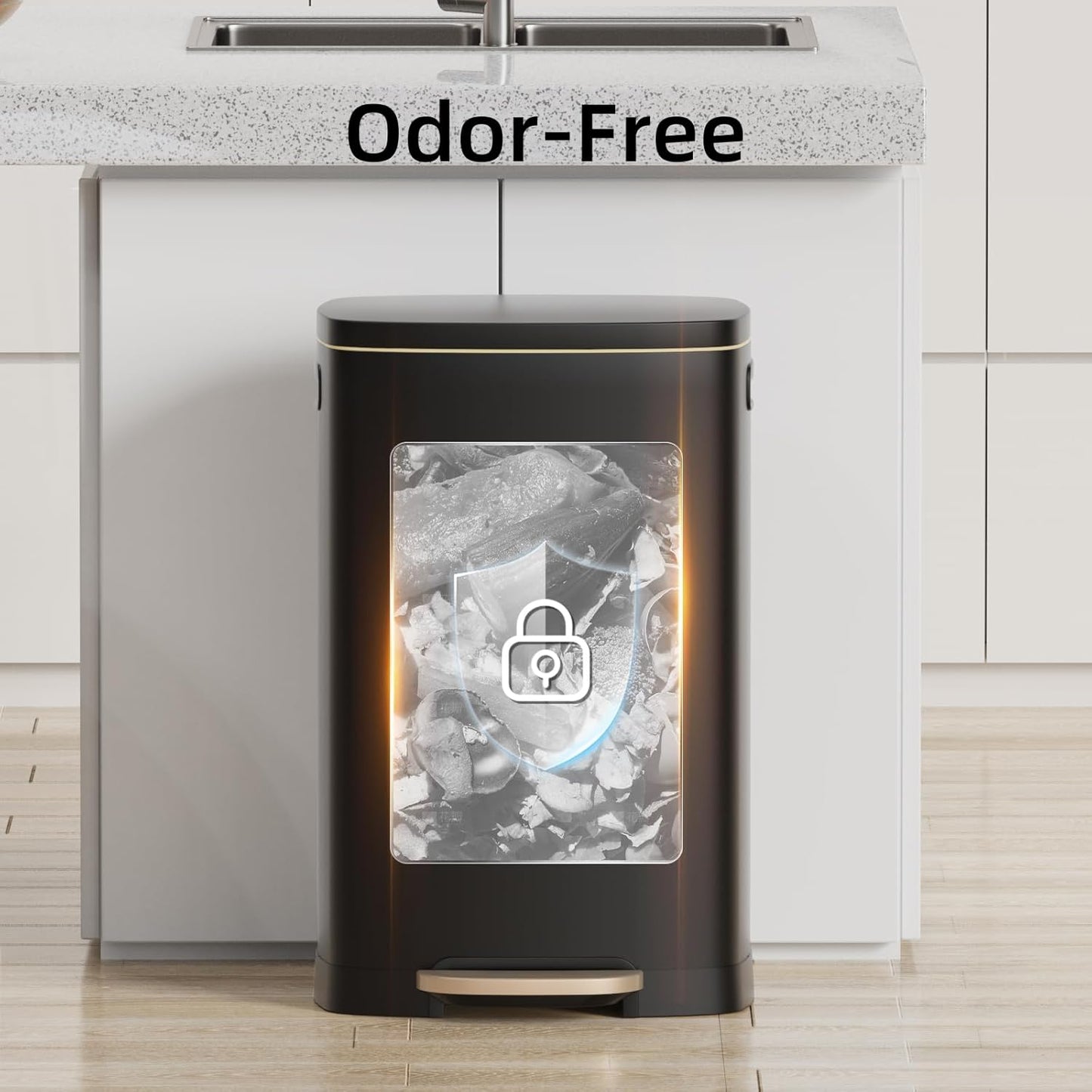 KUK 13 Gallon Kitchen Trash Can with Lid, 50L/13Gal Office Step Garbage Can for Home, Kitchen, Laundry Room, Office, Brushed Stainless Steel, Black