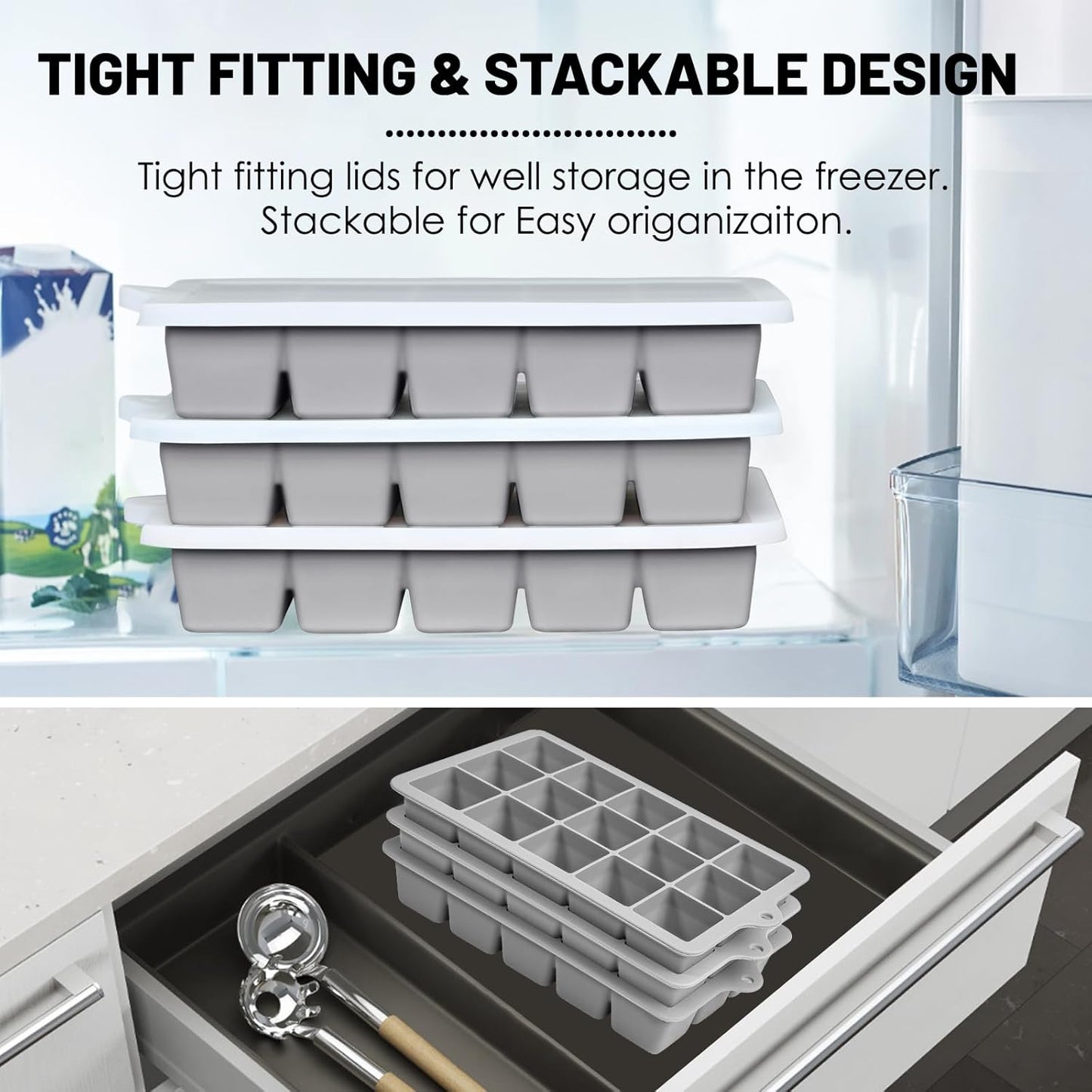 Silicone Ice Cube Trays 3Packs, Easy Release Ice Cube Molds with Lid, Freezer Stackable Ice Maker for Whiskey, Baby Food, BPA Free (Grey)