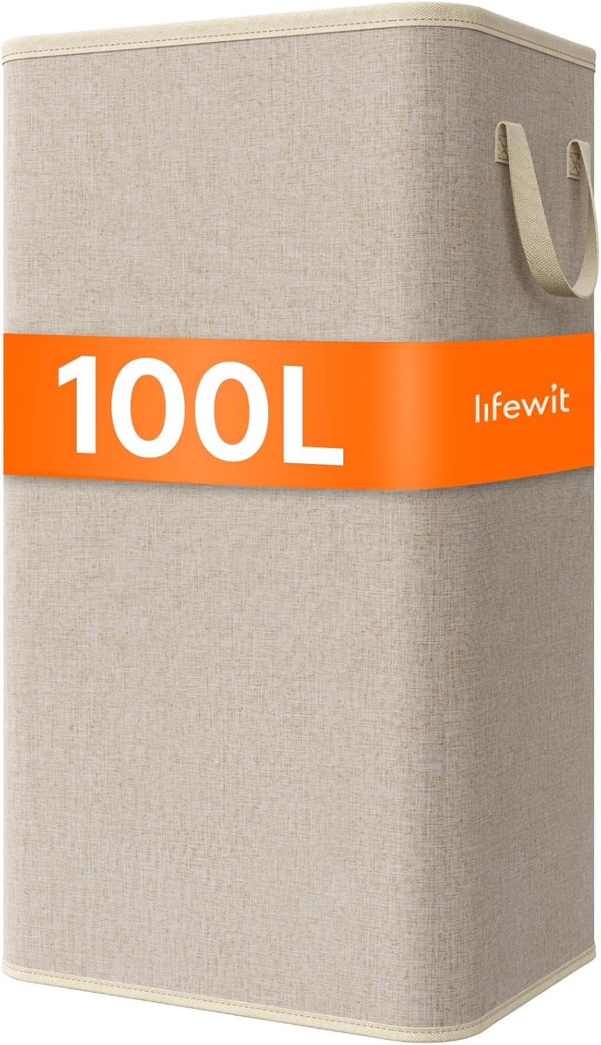 Lifewit 100L Large Tall Laundry Hamper, Collapsible Laundry Basket with Handles, Foldable Clothes Hampers for Laundry, Portable Dirty Clothes Hamper for Dorm College Bedroom Bathroom, Beige